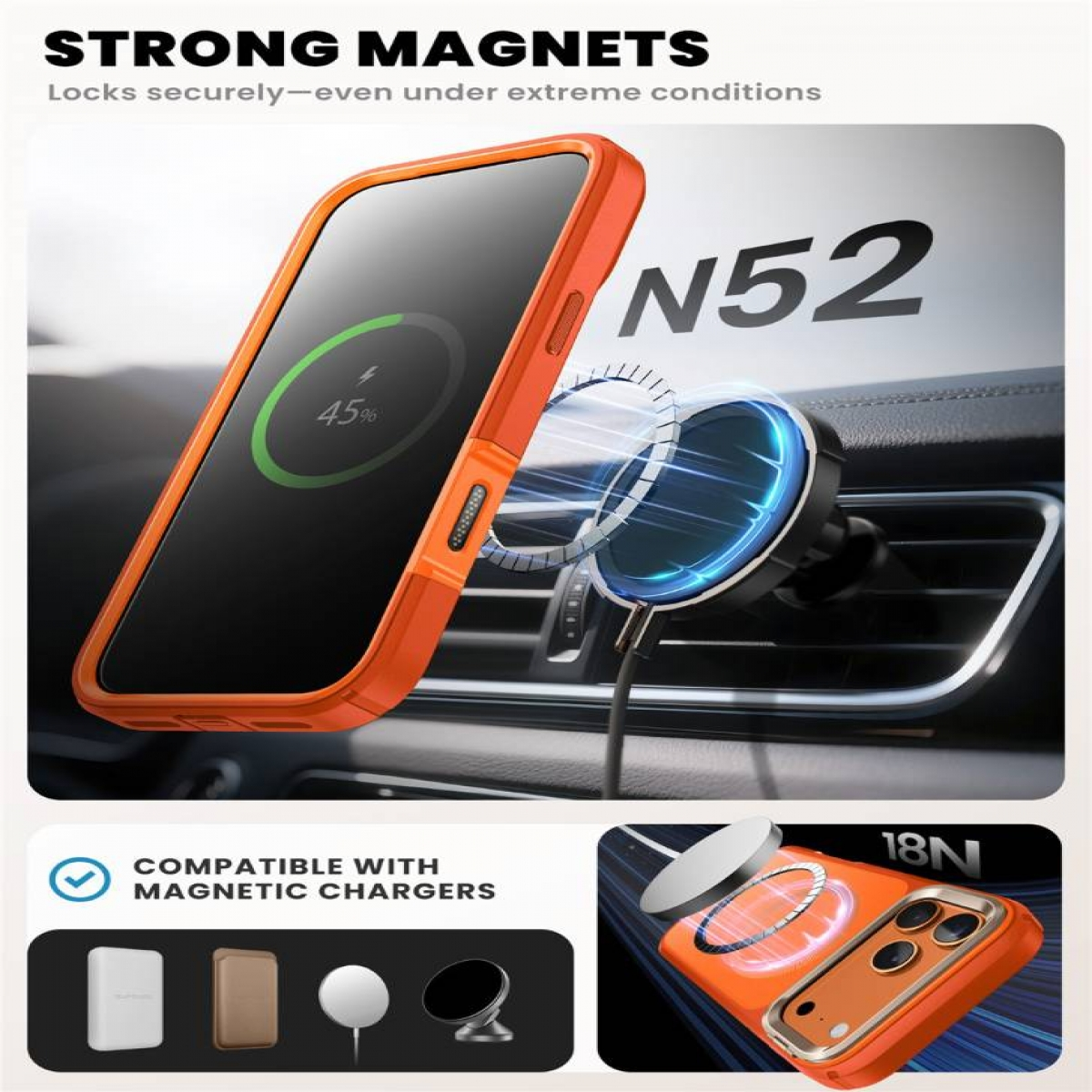 Orangene Handyhülle mit Ladegerät. Magnetisches Ladegerät gezeigt. Text: STARKE MAGNETE, KOMPATIBEL MIT MAGNETLADERN.