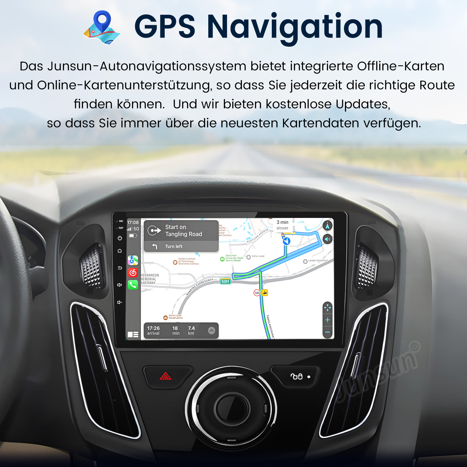 Auto-Navigationsbildschirm mit Karten- und Routenführung. Armaturenbrettdetails sind sichtbar.