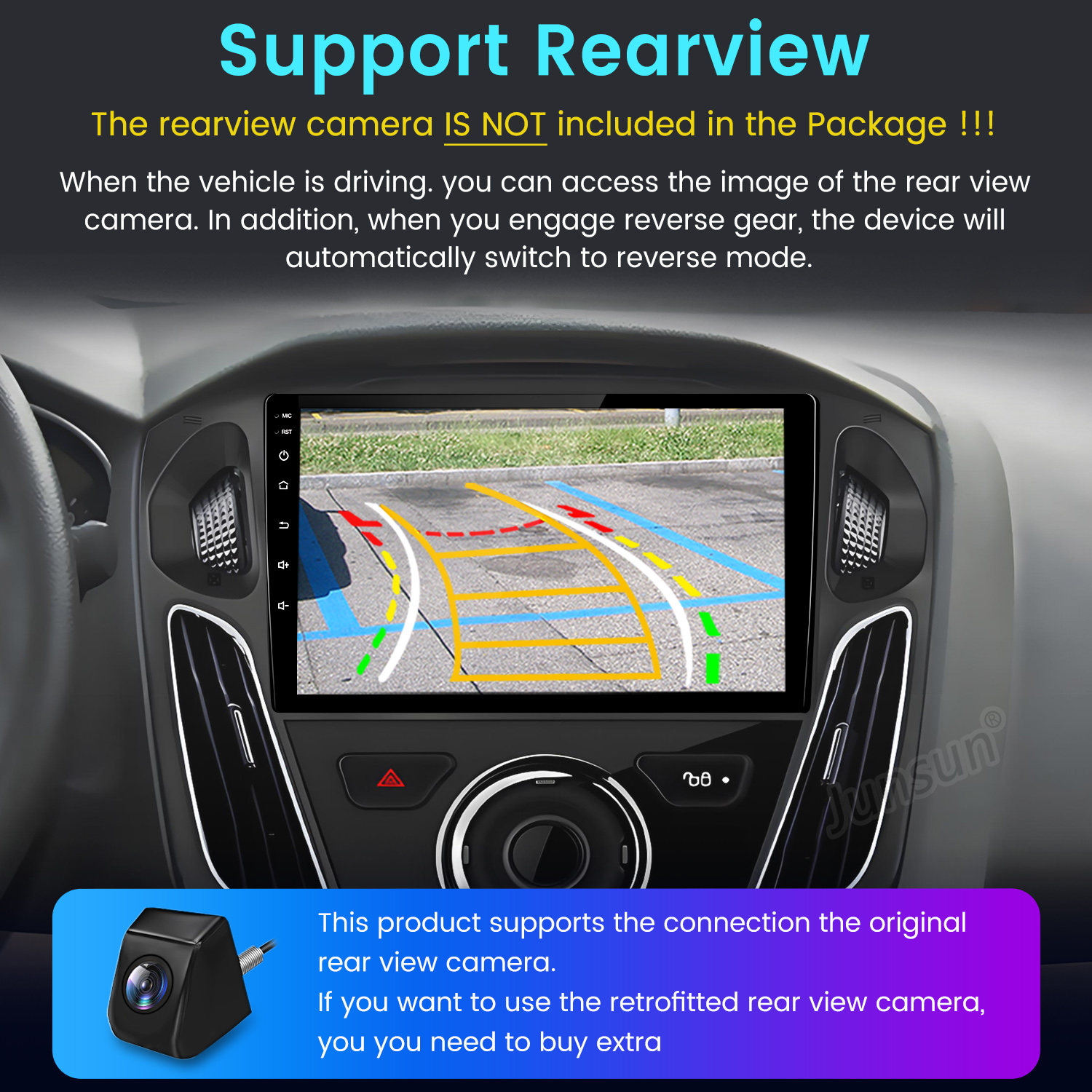 Auto-Armaturenbrett-Display mit Rückfahrkamera-Bild. Eine separate Kamera wird gezeigt. Text besagt, dass die Kamera nicht im Paket enthalten ist.