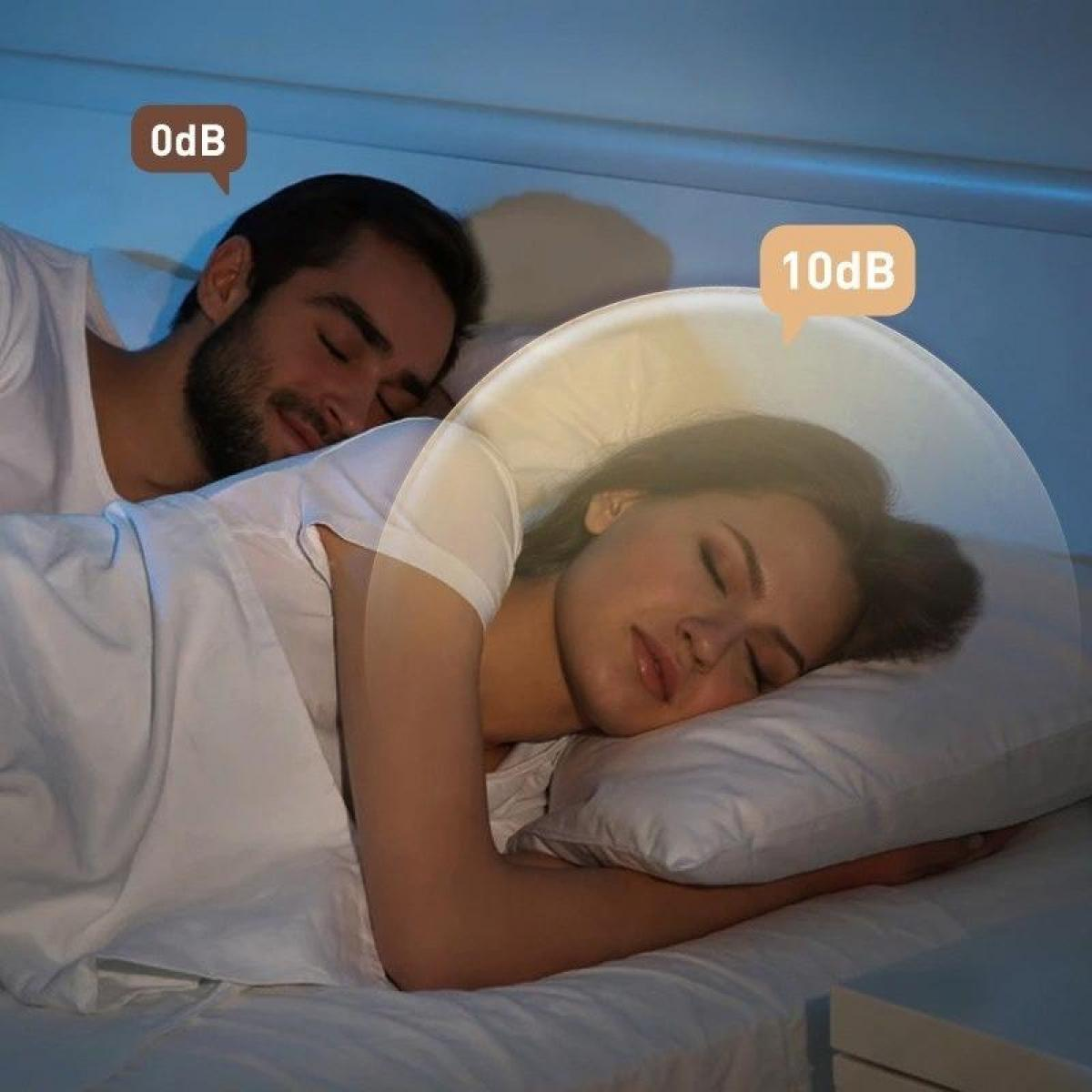 Ein Paar schläft im Bett. Der Mann hat einen Geräuschpegel von 0 dB, die Frau von 10 dB. Beide liegen unter weißen Laken.