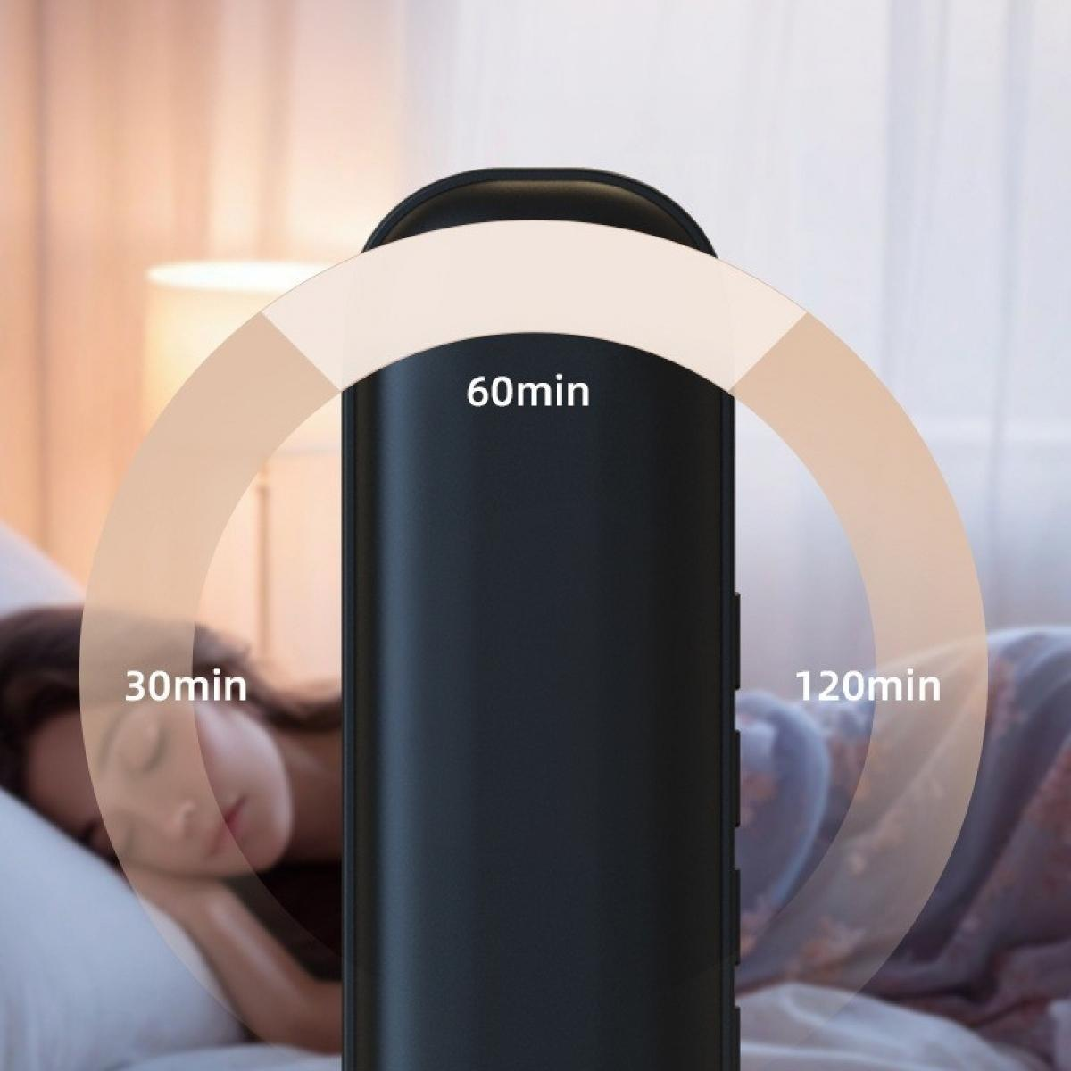 Ein schwarzes Gerät mit Timereinstellungen (30, 60, 120 Minuten) befindet sich in der Nähe einer schlafenden Person im Bett. Weiche Beleuchtung ist vorhanden.