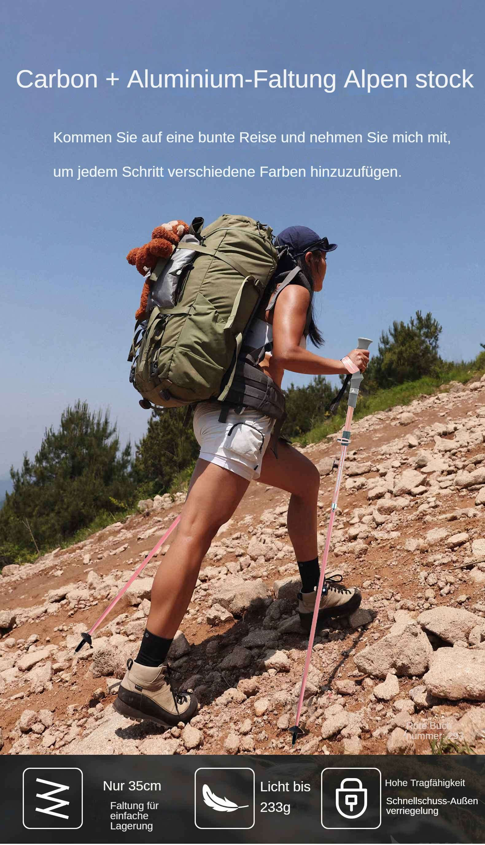 Eine Frau wandert bergauf mit einem großen Rucksack und Trekkingstöcken. Das Gelände ist steinig. Der Himmel ist blau.