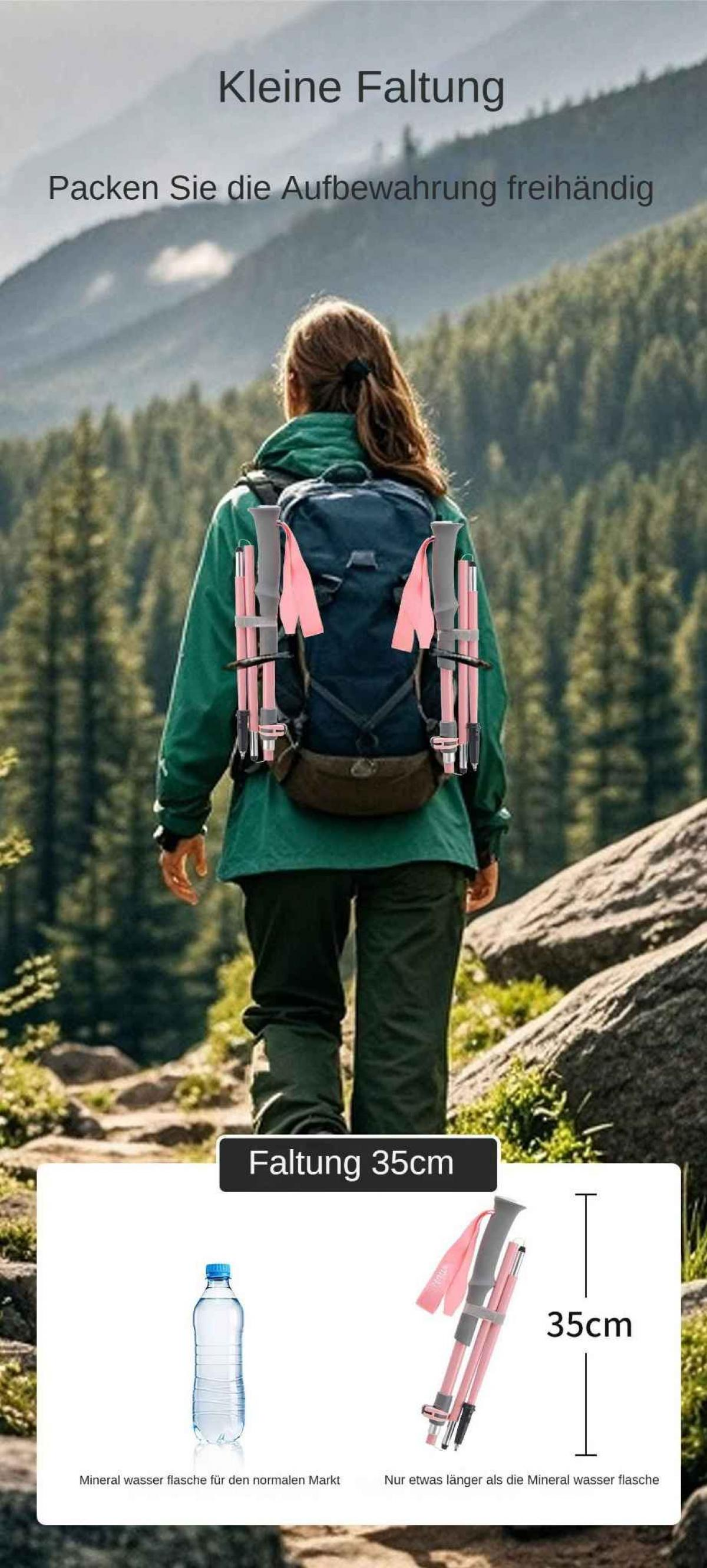 Eine Person mit Rucksack und rosa Wanderstöcken geht auf einem Weg. Der Hintergrund zeigt einen Wald. Eine Flasche und Stöcke werden gezeigt.