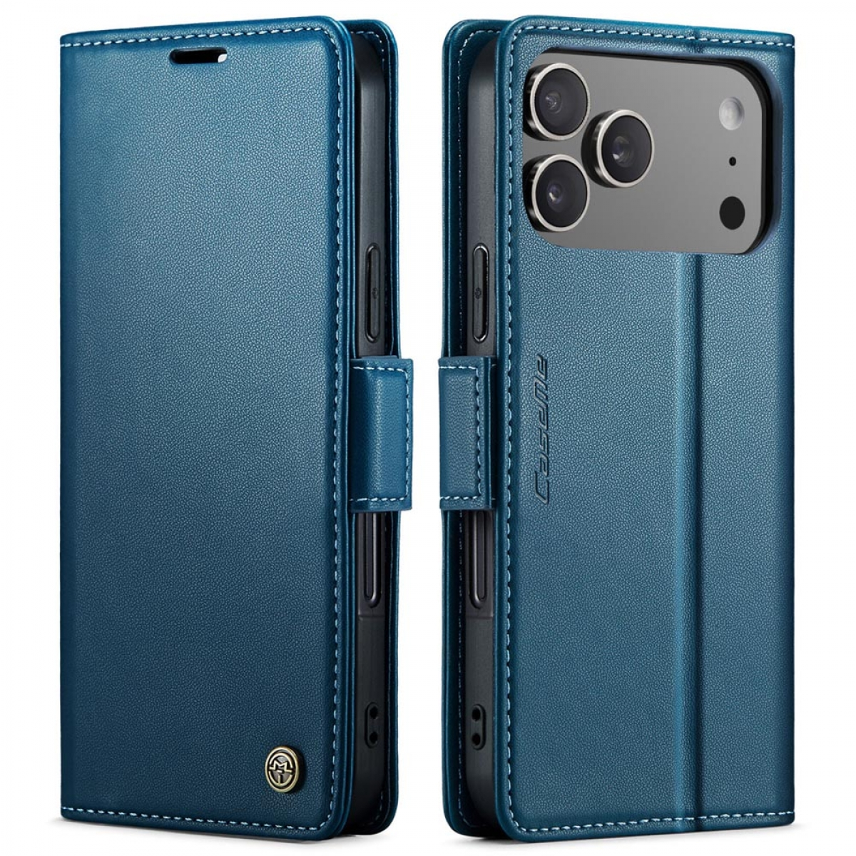 Zwei blaue Handyhüllen. Eine geschlossen, die andere offen mit einem Telefon darin. Beide haben Nähte und einen Magnetverschluss.