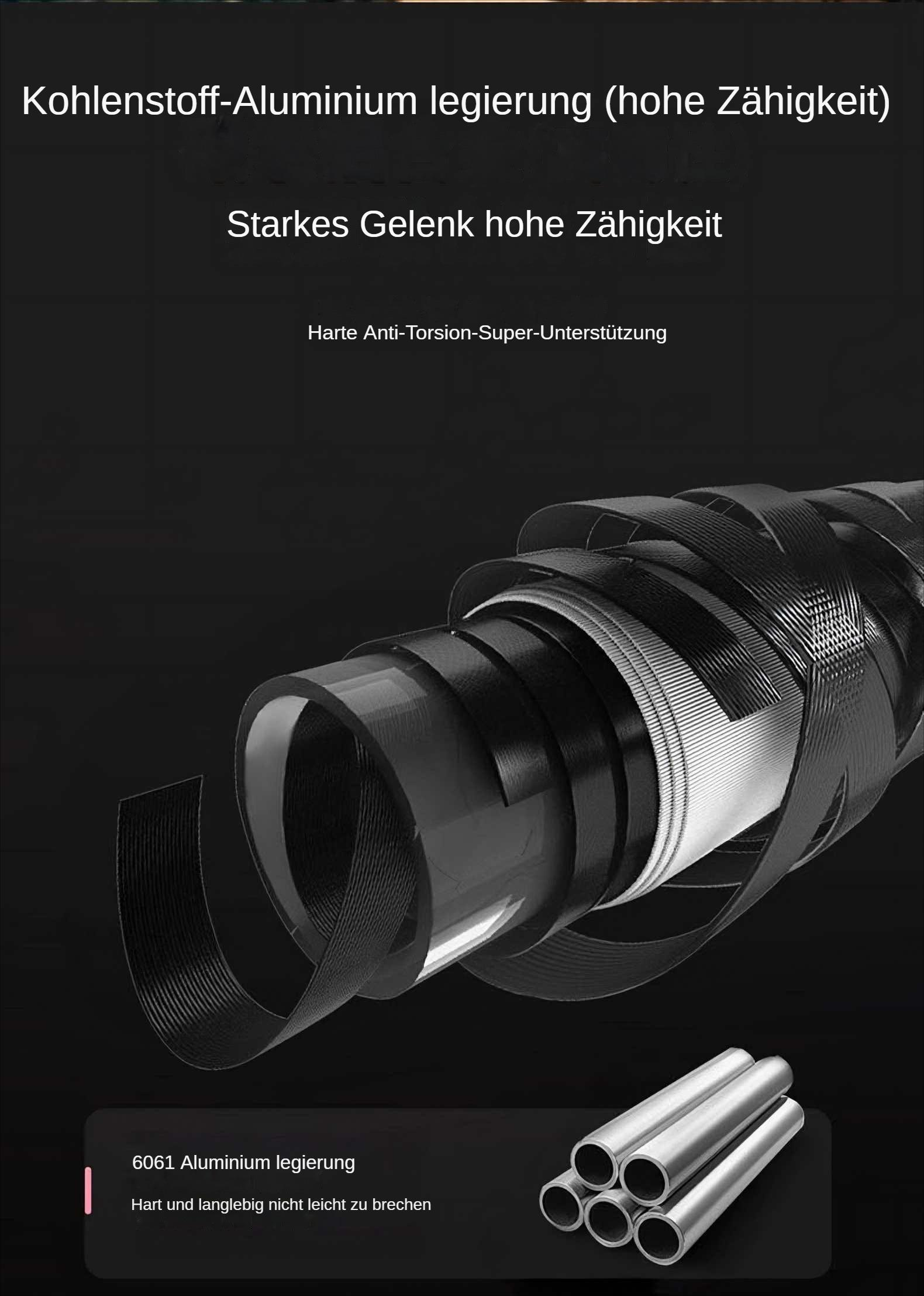 Das Bild zeigt Rohre aus Kohlefaser und Aluminiumlegierung. Text beschreibt die Festigkeit und Torsionsunterstützung.