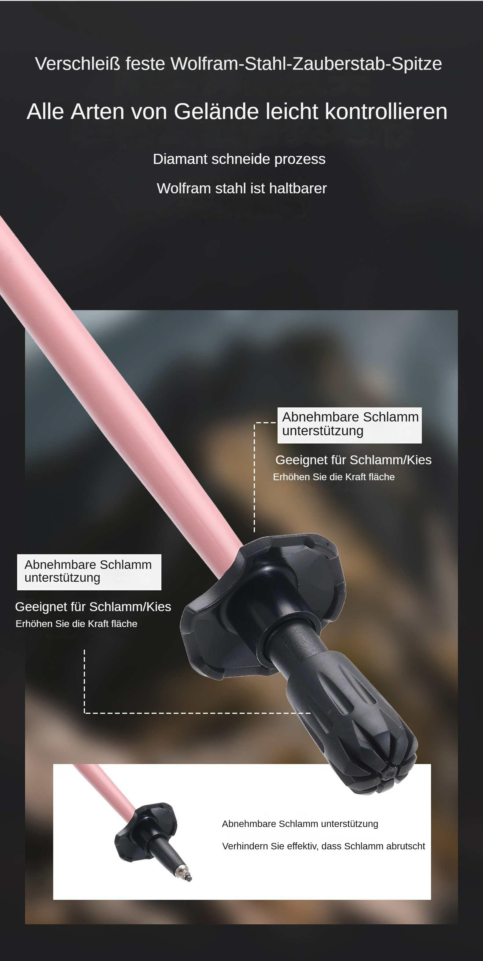 Ein rosa und schwarzer Trekkingstock mit deutschen Textbeschriftungen. Er hat eine abnehmbare Schlammstütze und eine haltbare Wolframstahlspitze.