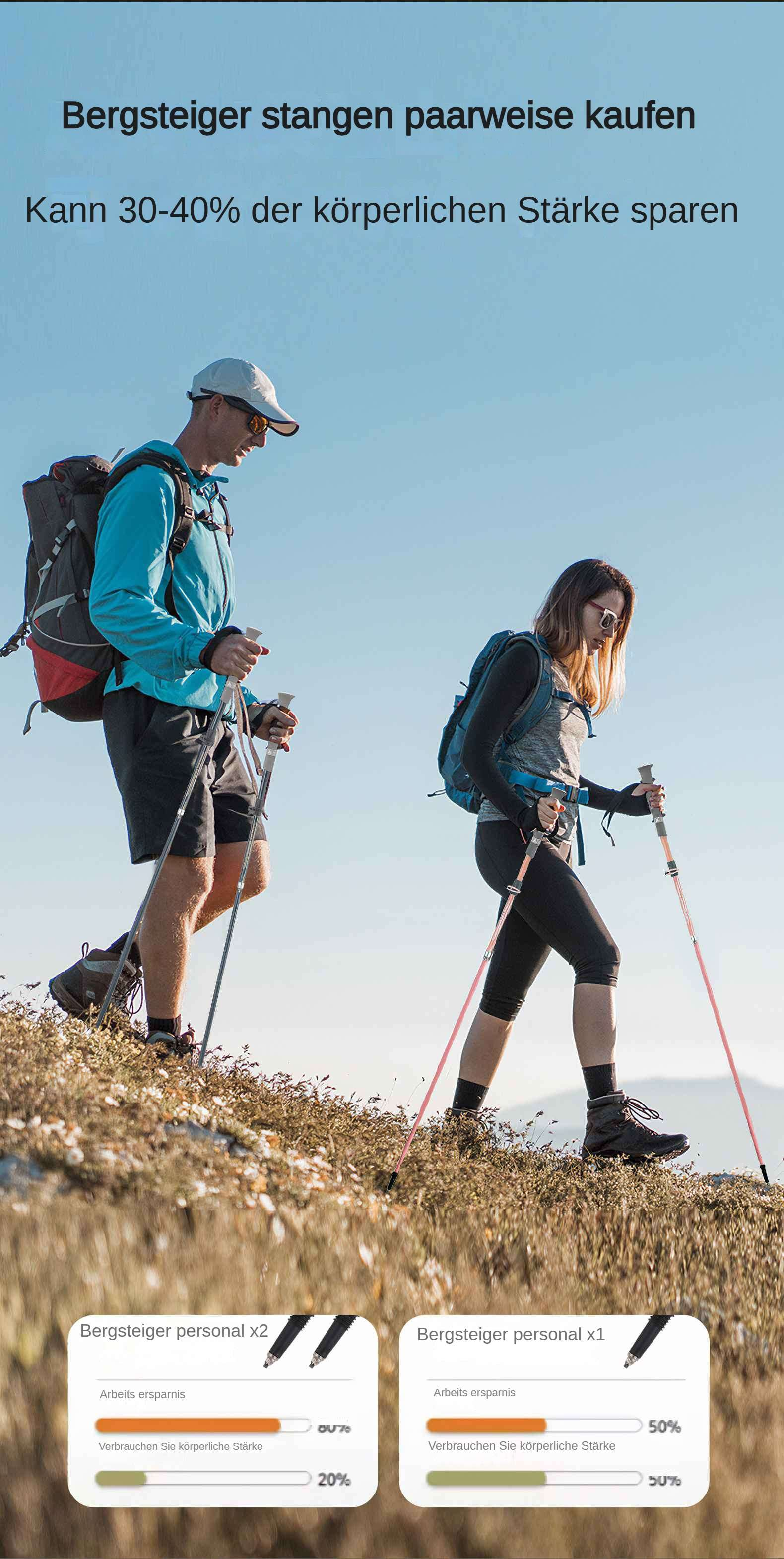 Zwei Wanderer auf einem Bergpfad mit Wanderstöcken. Text: Kaufen Sie Kletterstöcke paarweise, um 30-40 % der körperlichen Stärke zu sparen.