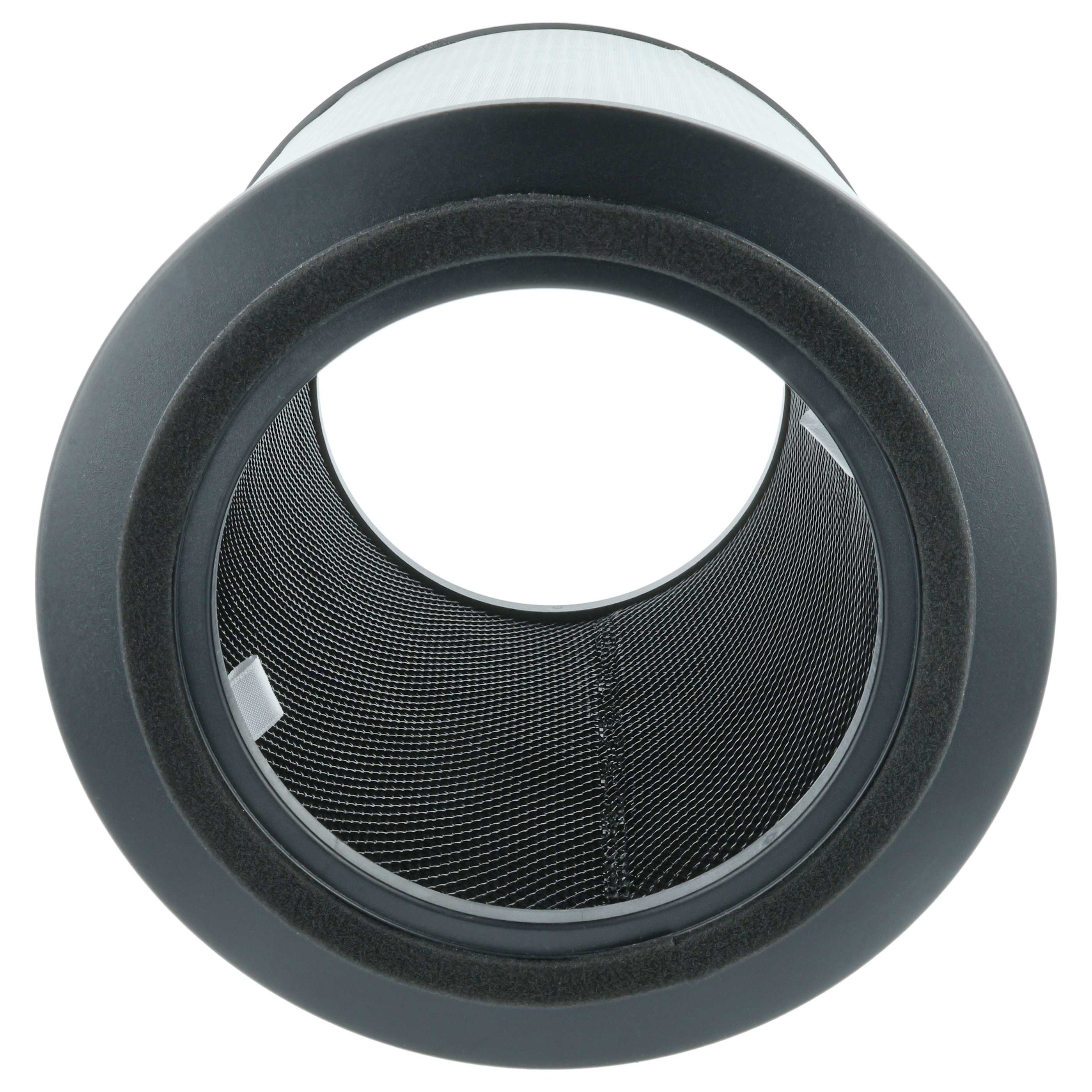 Luftfilter, schwarzer Rahmen, Netzinnenraum, weißer Hintergrund. Schaumstoff und weißes Netz sichtbar. Zylindrische Form.