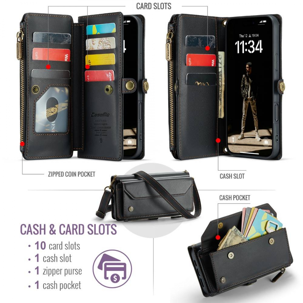Schwarzes Leder-Wallet-Case mit Kartenfächern, Geldschlitz und Reißverschluss. Enthält ein Telefon mit einem Bild eines Mannes auf dem Bildschirm.
