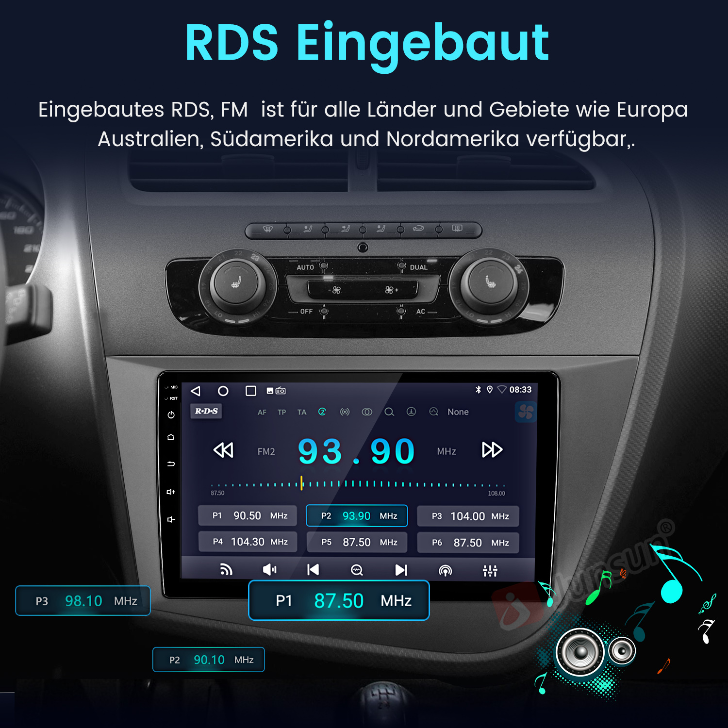 Autoradio-Bildschirm mit FM-Radio-Informationen. Enthält Frequenz, Voreinstellungen und RDS-Funktionen.