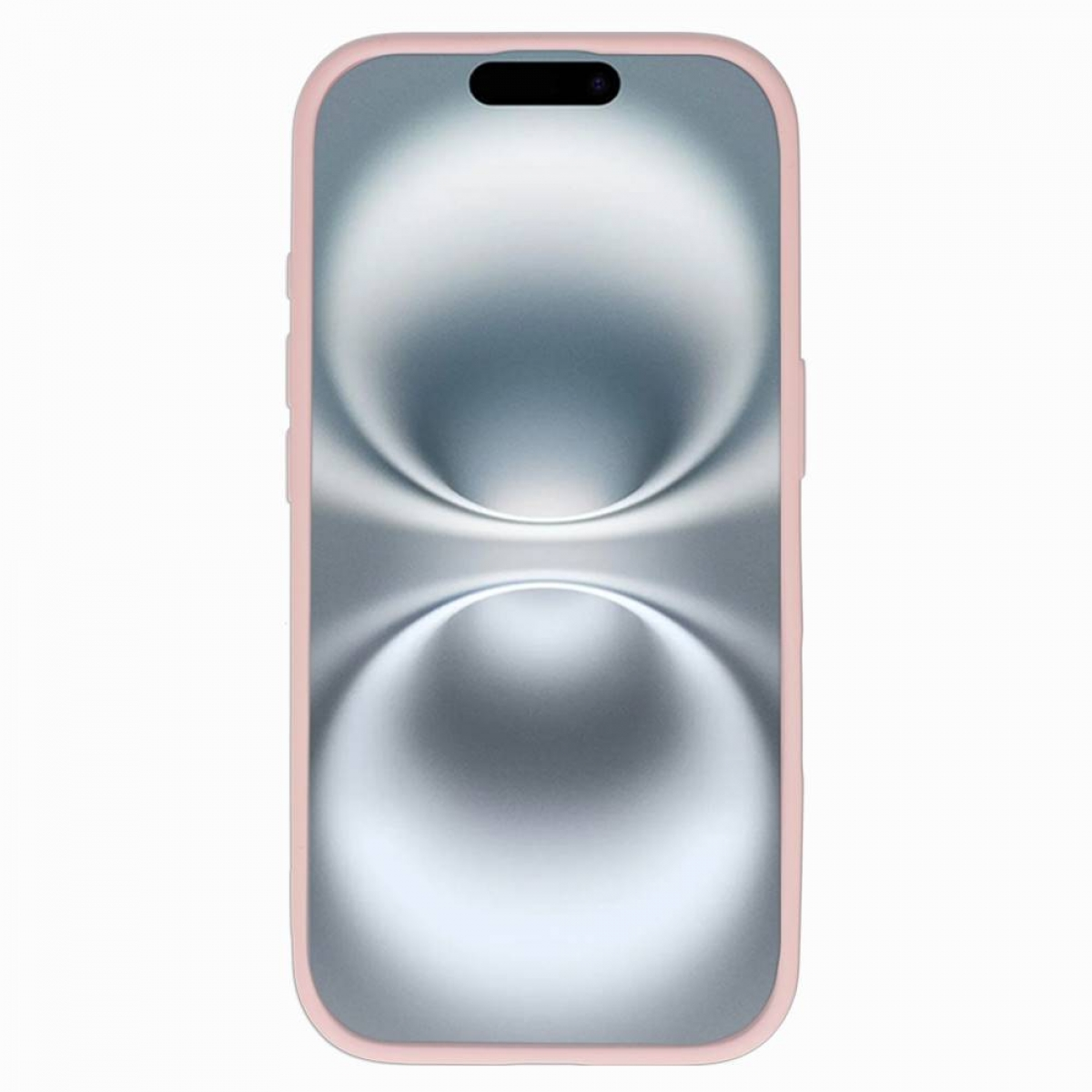 Ein Smartphone in einer rosa Hülle. Der Bildschirm zeigt ein verschwommenes, abstraktes Design mit gebogenen Linien. Das Telefon hat einen schwarzen Kameraausschnitt.