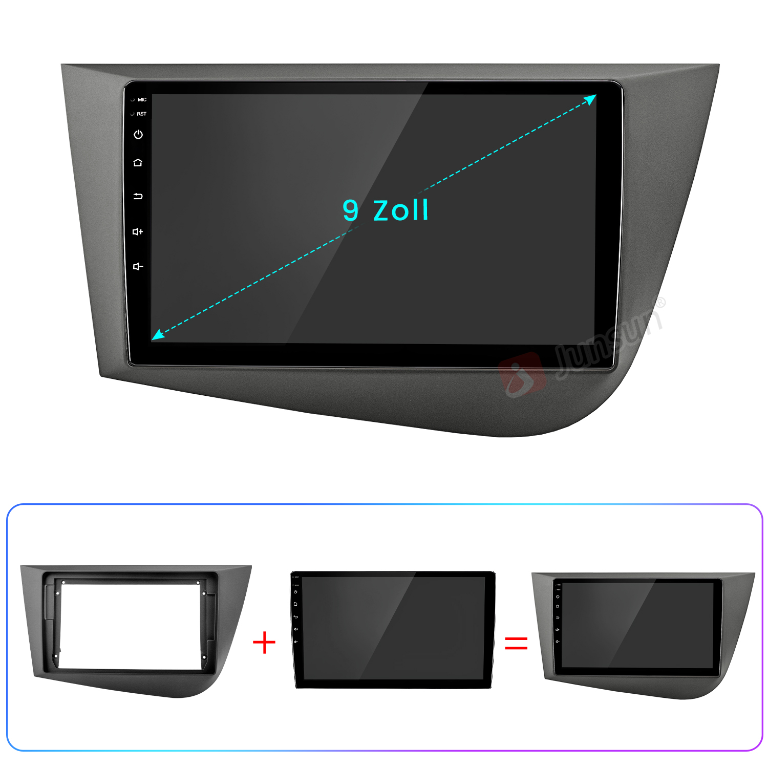 Ein Auto-Multimedia-System mit 9-Zoll-Bildschirm wird angezeigt. Das System ist grau und hat Knöpfe an der Seite. Unten sind Montageschritte abgebildet.