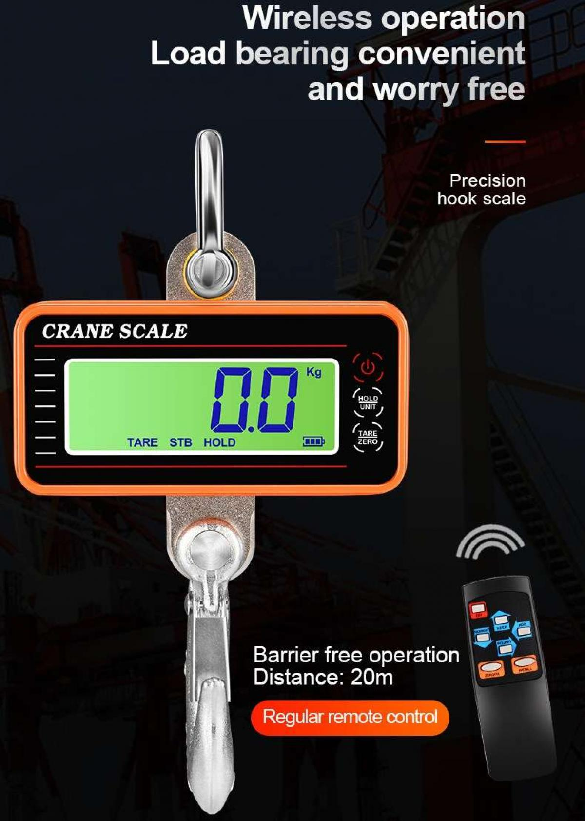 Eine Kranwaage mit digitaler Anzeige von 0,0 kg. Sie hat einen Haken und eine Fernbedienung, konzipiert für den drahtlosen Betrieb und Tragfähigkeit.