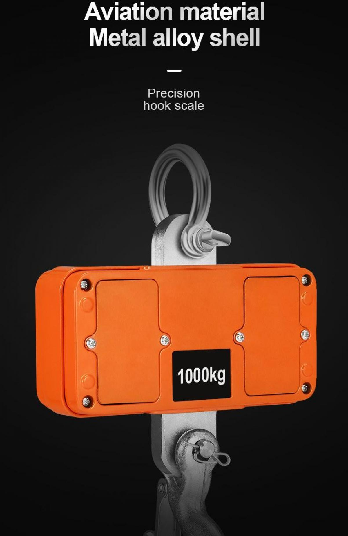 Eine orangefarbene Präzisionshakenwaage, Kapazität 1000 kg, mit Metalllegierungsgehäuse und Haken oben. Schwarzer Hintergrund.