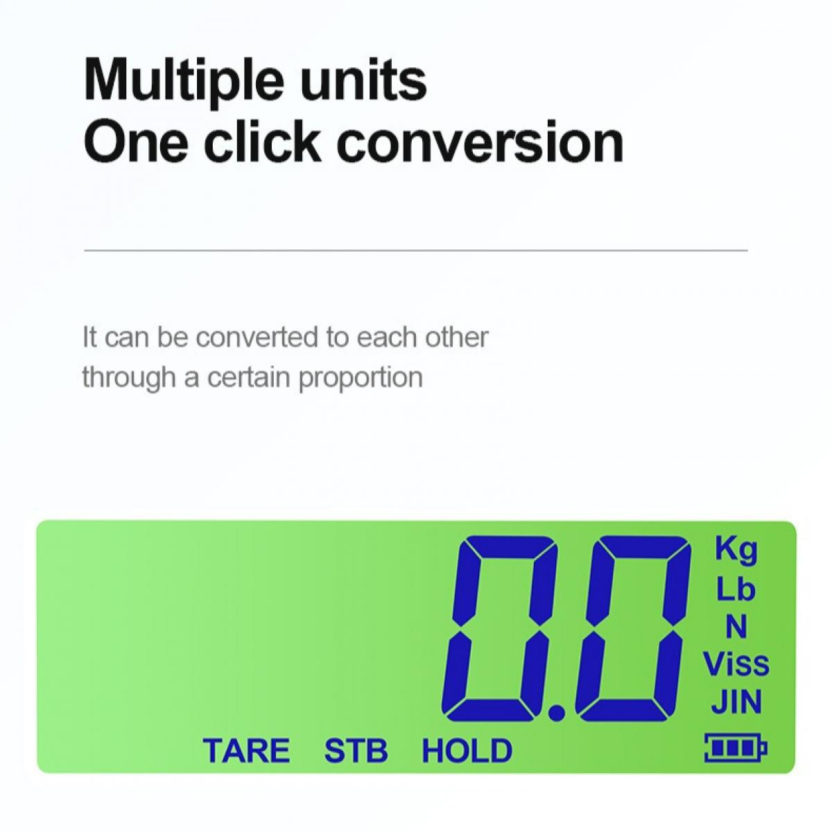 Eine digitale Waage zeigt 0,0 an. Oben steht 'Mehrere Einheiten, One-Click-Konvertierung'. Knöpfe sind 'TARE', 'STB' und 'HOLD'.