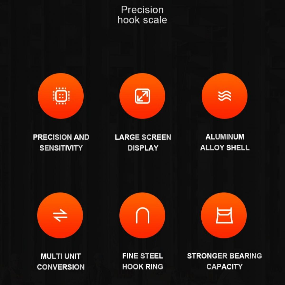 Oranger Hintergrund mit sechs orangefarbenen Kreisen. Jeder Kreis hat ein weißes Symbol und eine Bezeichnung, die die Funktion des Geräts beschreibt.