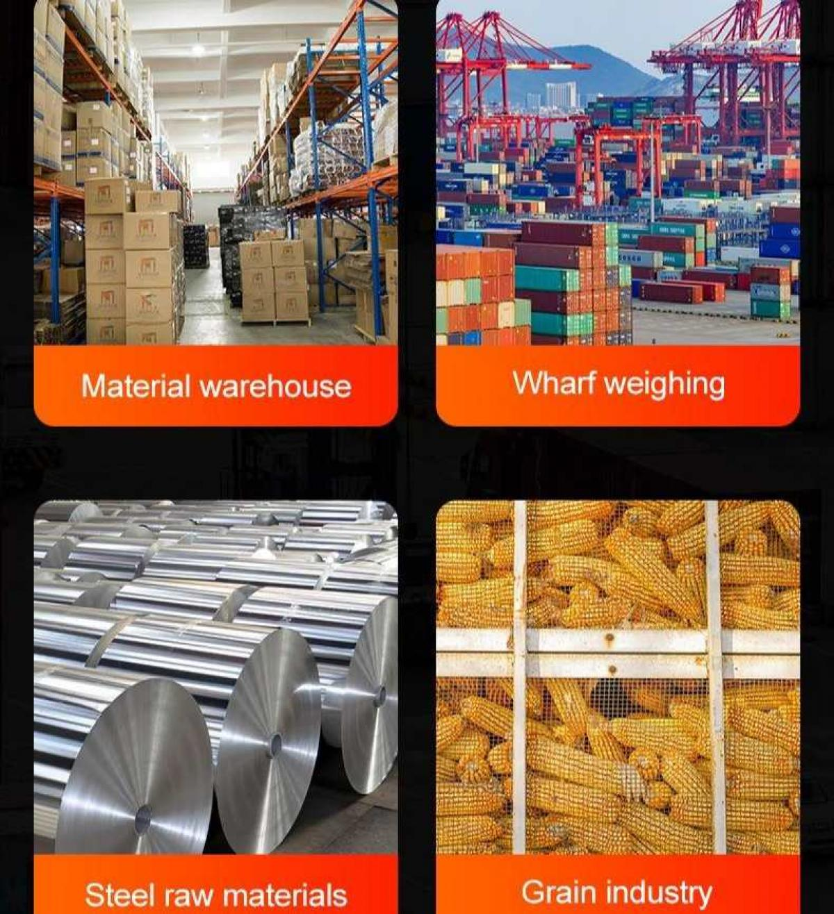 Das Bild zeigt vier Szenen: Materiallager, Kai-Wiegen, Stahlrohstoffe und Getreidewirtschaft, jeweils mit entsprechenden Etiketten.