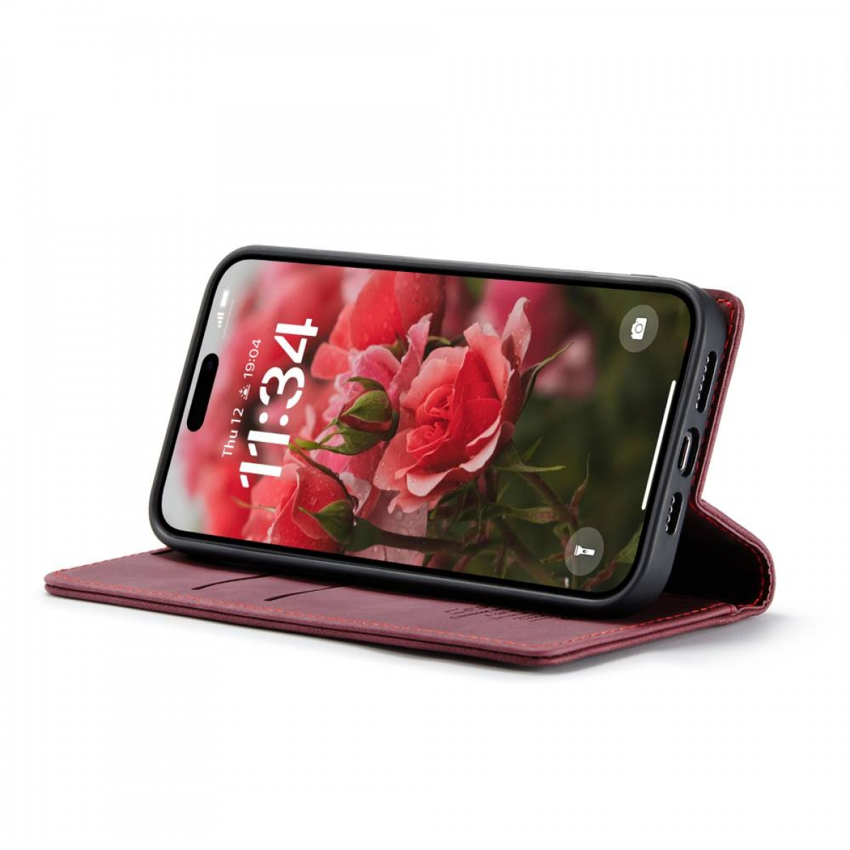 Ein Telefon zeigt ein Rosenbild. Es befindet sich in einer weinroten Hülle, die wie ein Buch geöffnet ist. Der Bildschirm zeigt 11:34. Hülle und Telefon liegen auf weißem Untergrund.