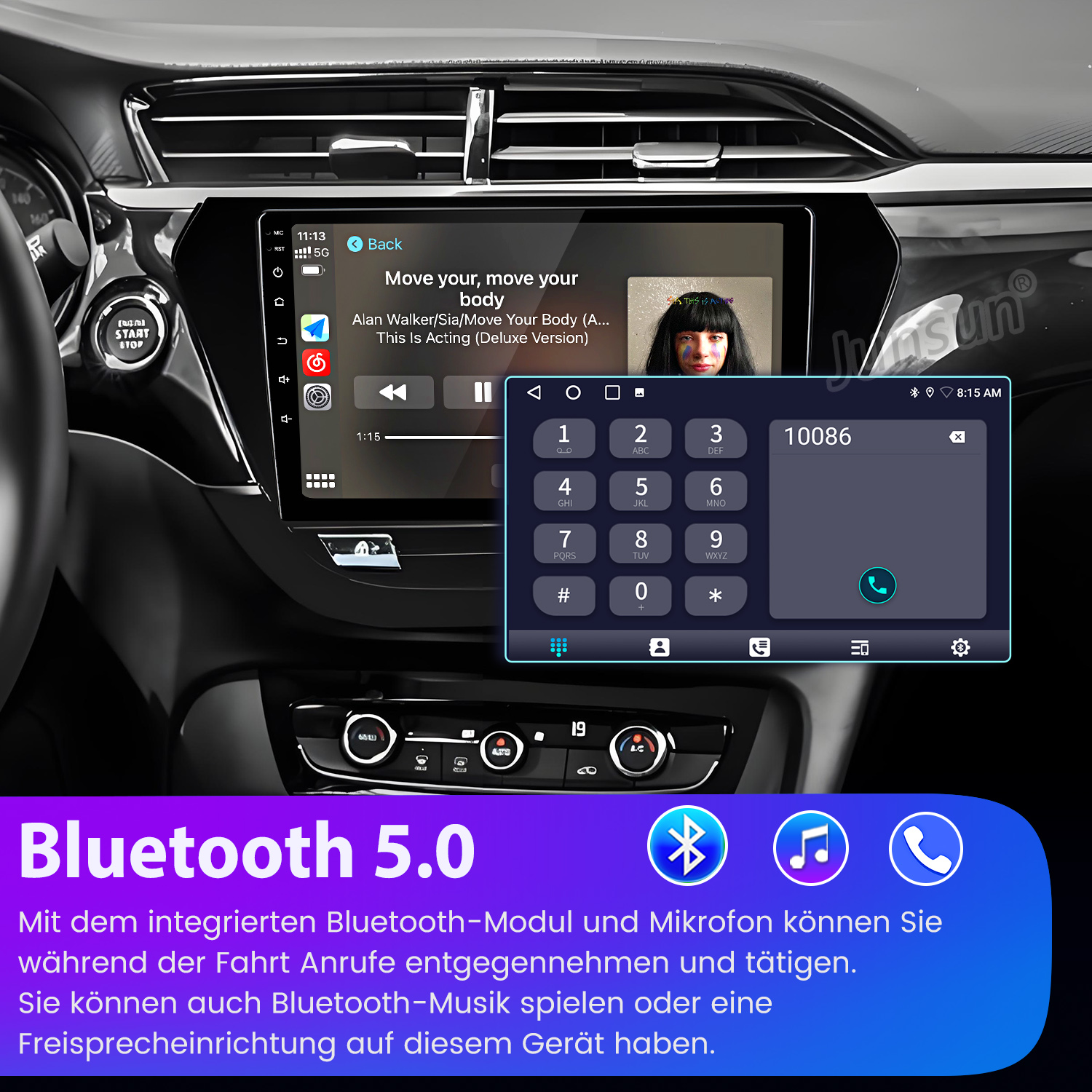 Auto-Infotainment-Bildschirm mit Musik und einem Telefontastenfeld. Bluetooth 5.0-Text unten.