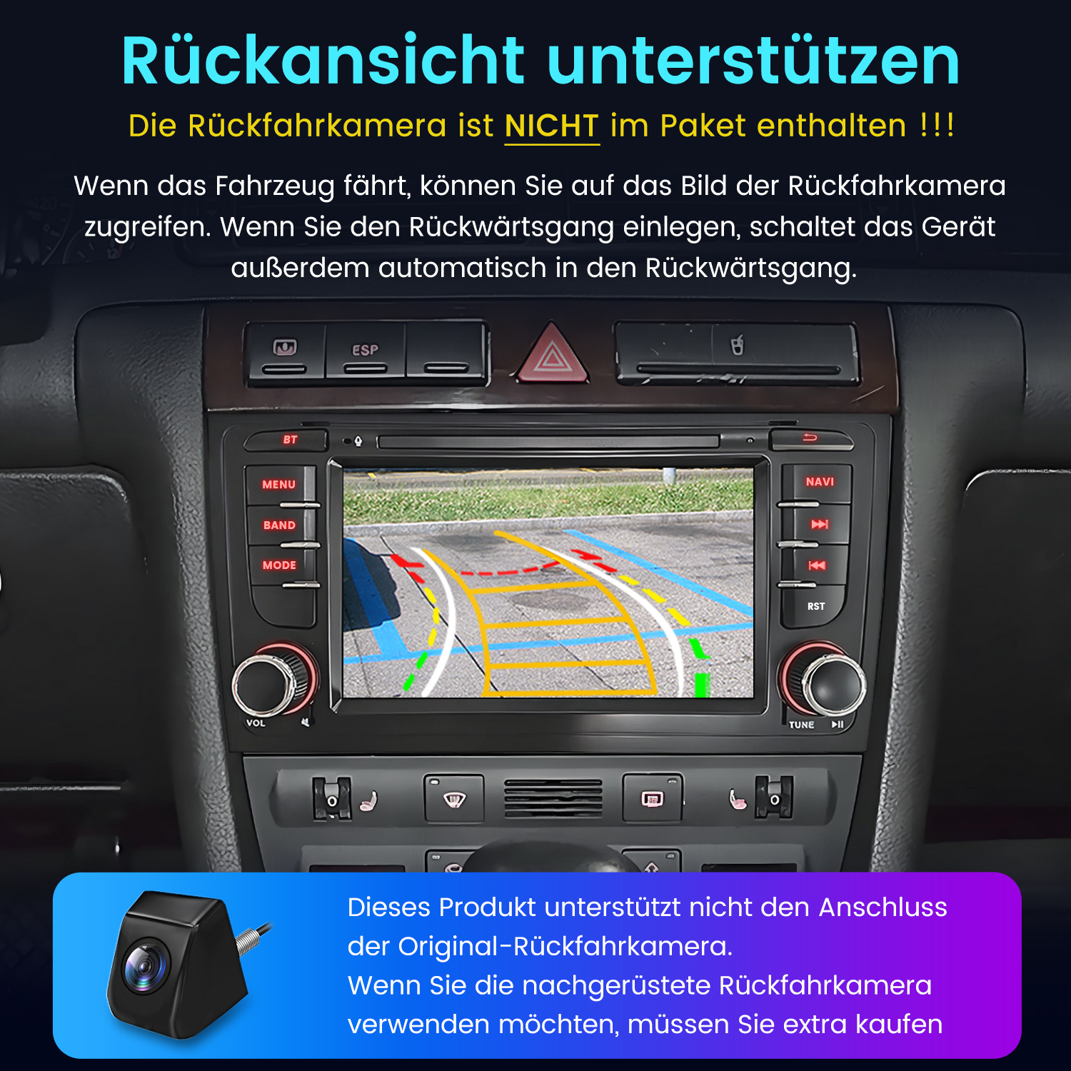 Auto-Dashboard-Bildschirm mit Rückfahrkamera-Ansicht. Tasten und Knöpfe umgeben den Bildschirm. Eine separate Kamera wird unten gezeigt.
