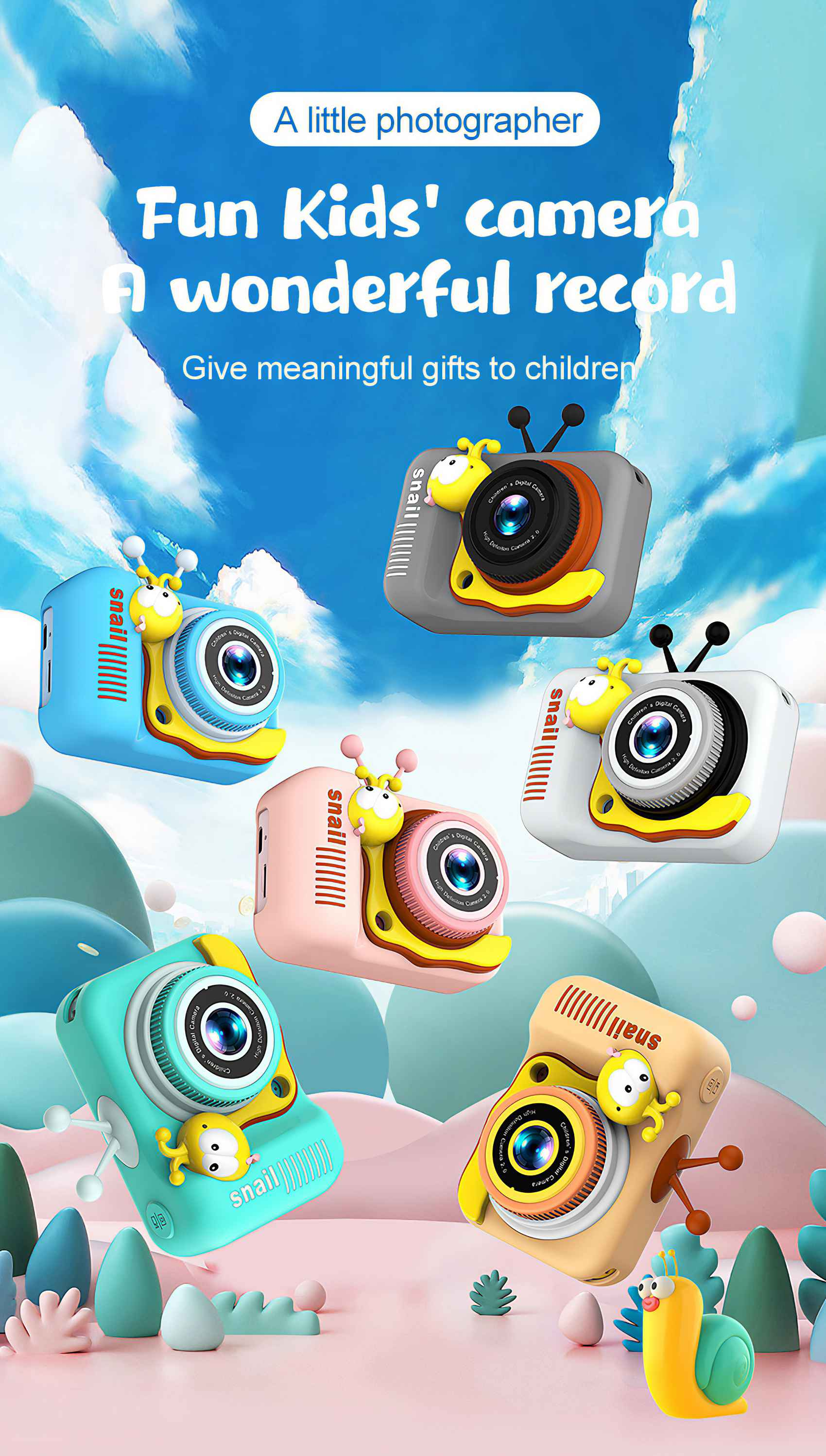 Das Bild zeigt Spielzeugkameras in verschiedenen Farben, geformt wie Schnecken. Der Text lautet 'Fun Kids' camera'.