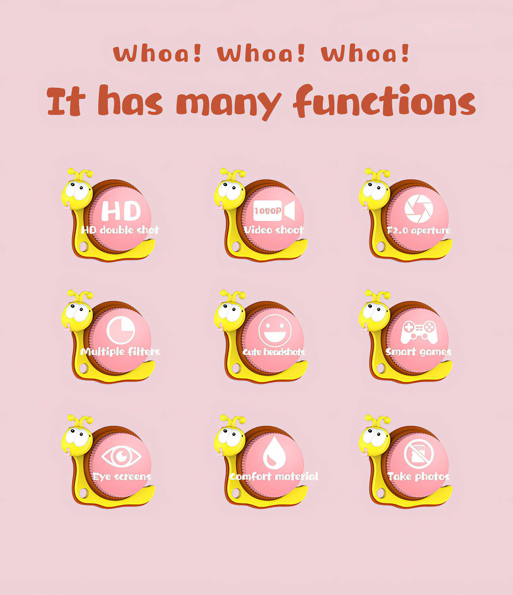Ein illustriertes Bild mit rosa Hintergrund zeigt schneckenförmige Icons mit Funktionen wie HD-Doppelschuss und Videoaufnahme.