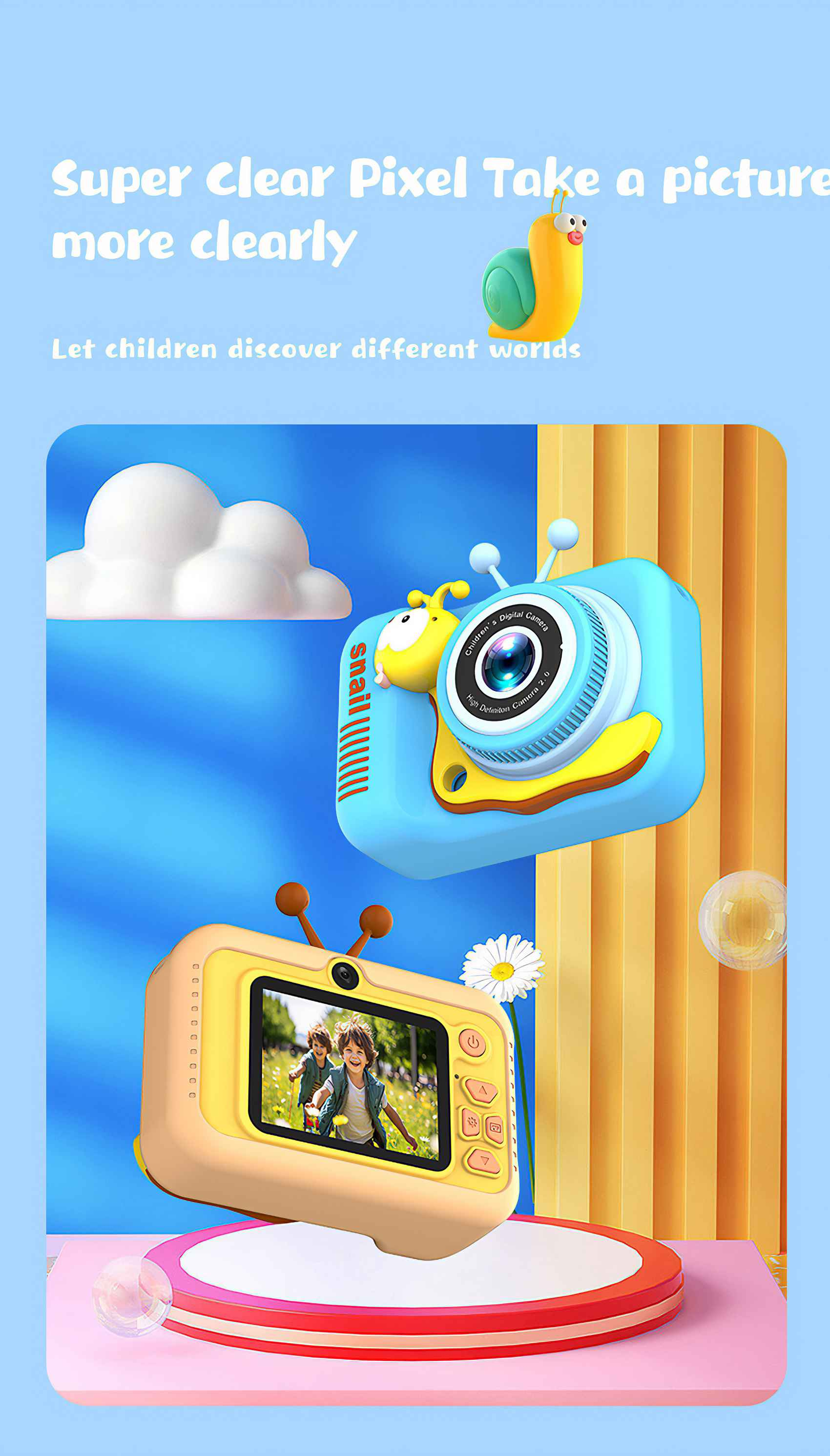 Das Bild zeigt eine Kinderkamera mit einer Cartoon-Schnecke und einem Bildschirm mit zwei Kindern. Der Hintergrund ist blau und gelb.