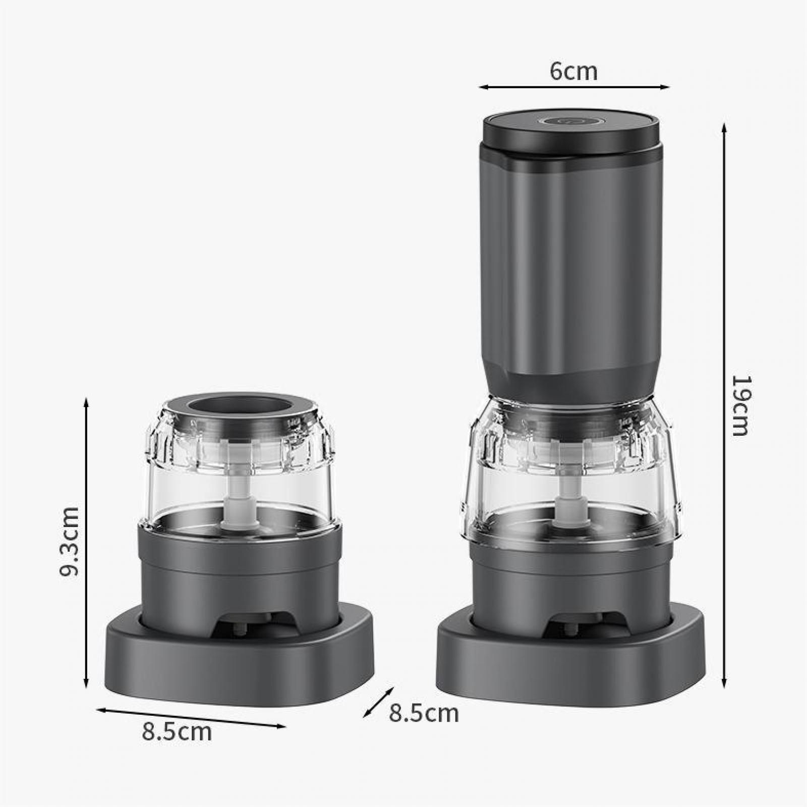Zwei graue Küchengeräte mit transparenten Behältern und Maßangaben. Eines ist 19 cm hoch, das andere 9,3 cm.