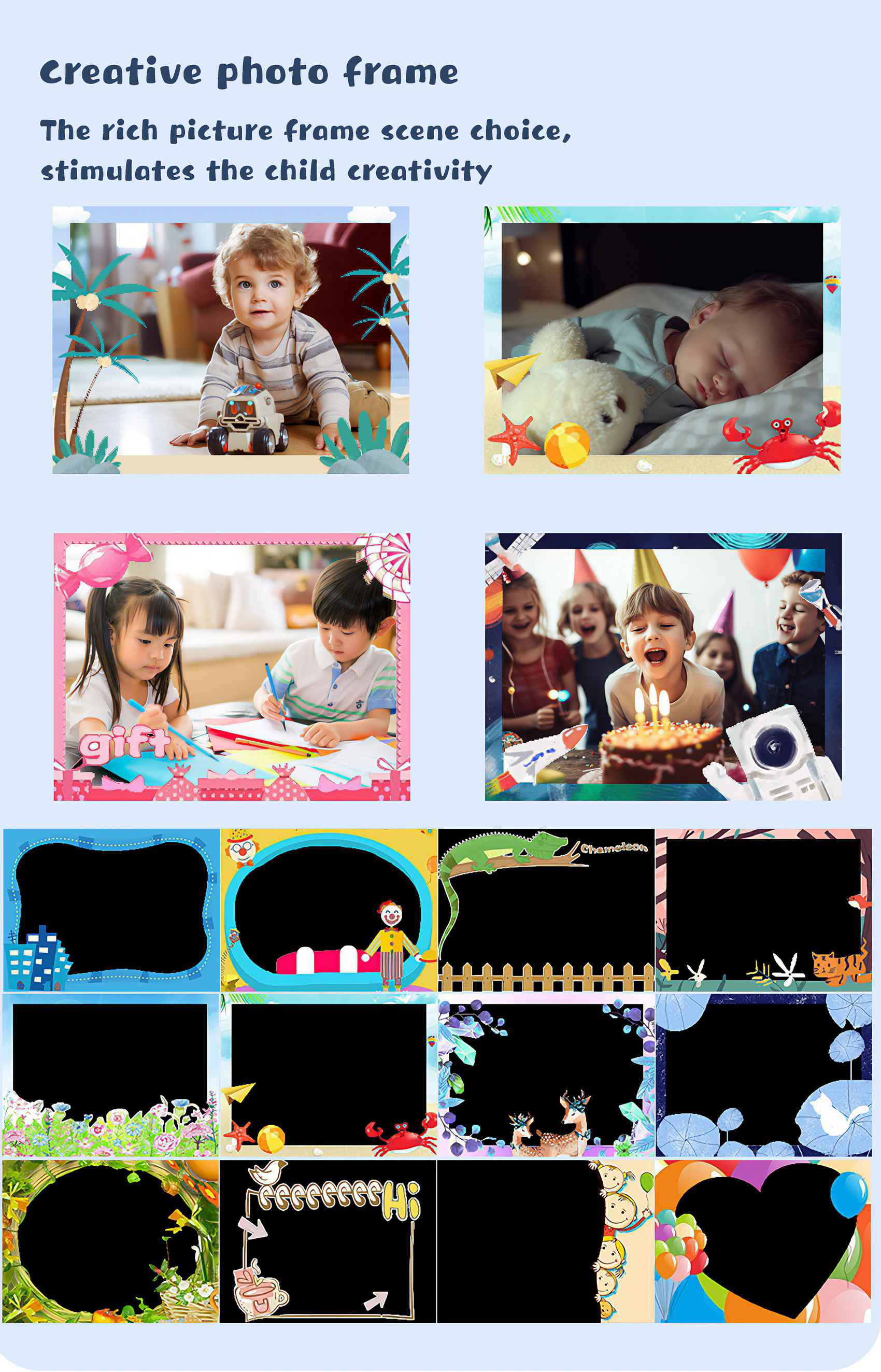 Bild mit Kinderfotos, Cartoon-Rahmen und Text 'kreativer Fotorahmen', 'Geschenk' und 'Chamäleon'.