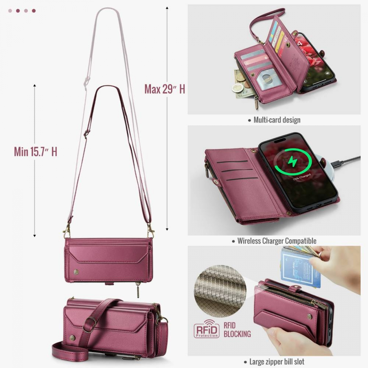 Burgunderfarbene Leder-Geldbörse im Handy-Format mit Riemen. Merkmale: Multi-Karten-Design, kabelloses Laden, RFID-Blockierung und Geldscheinfach.