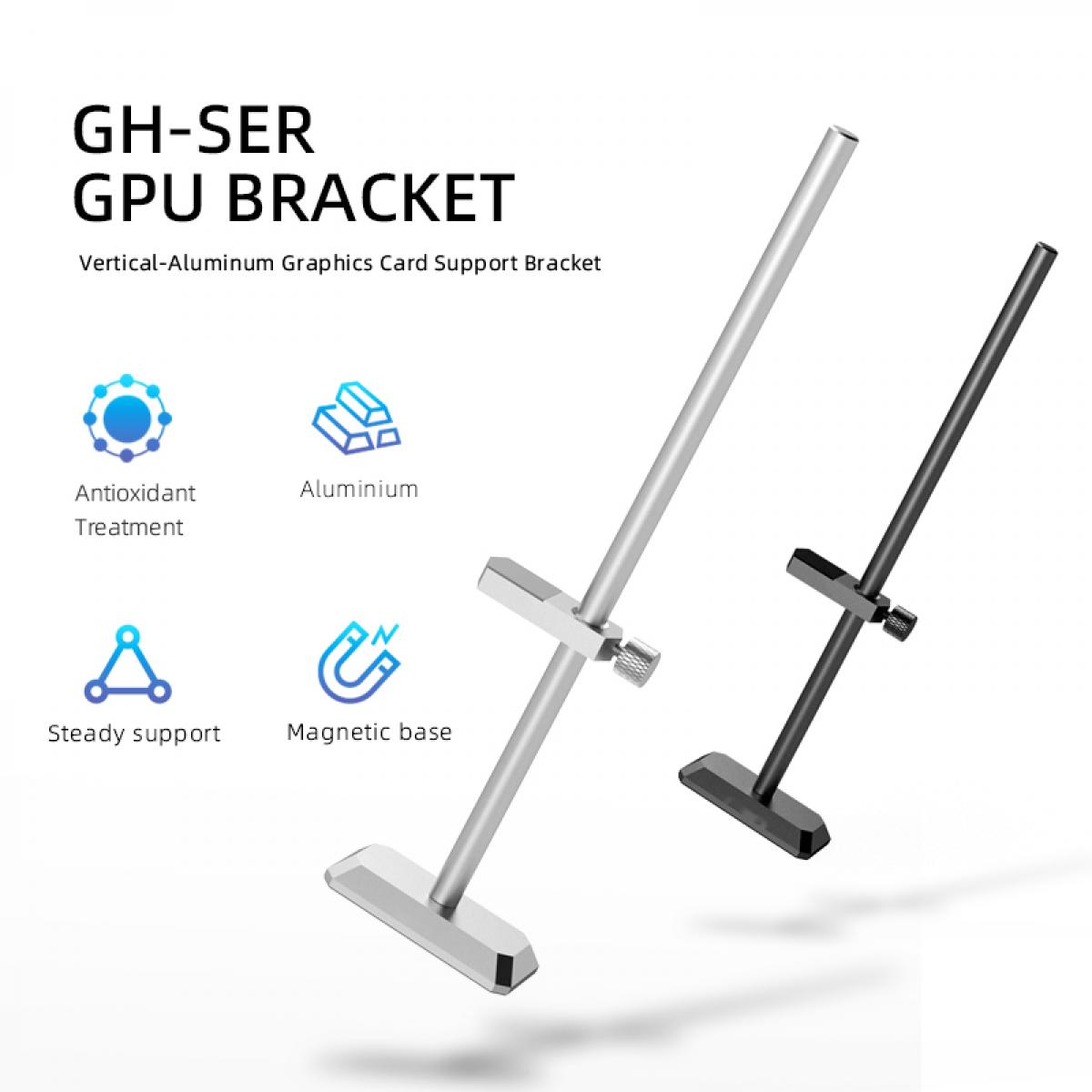 Das Bild zeigt eine GPU-Halterung mit dem Text: GH-SER GPU BRACKET. Enthält Symbole: Antioxidant Treatment, Aluminium, Steady support, Magnetic base.