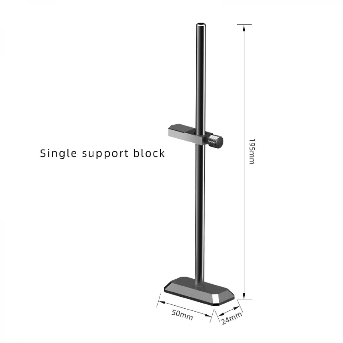 Ein einzelner Stützblock mit einer vertikalen Stange, einer Klemme und einer rechteckigen Basis. Abmessungen sind beschriftet: 195 mm, 50 mm und 24 mm.