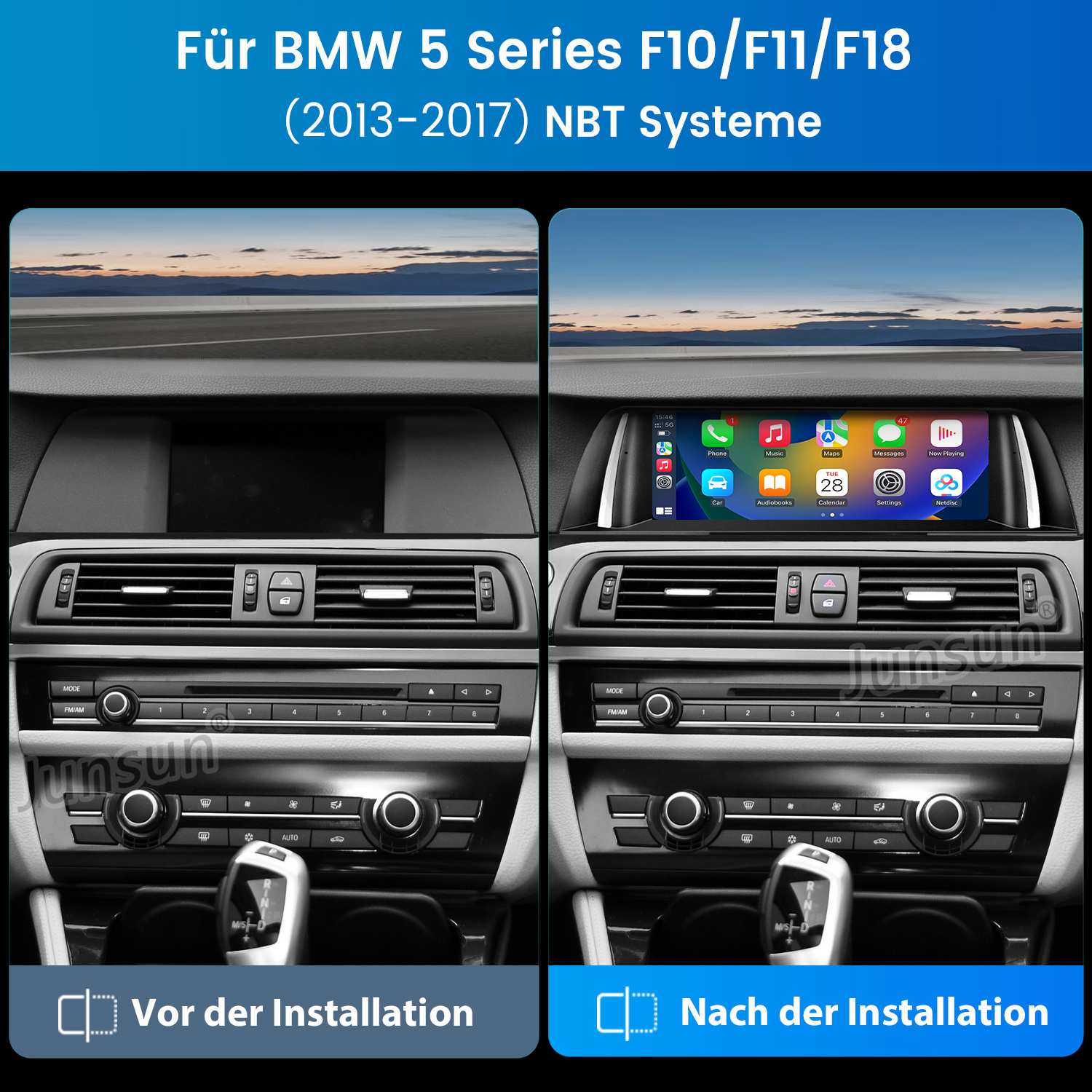 Das Bild zeigt ein Auto-Armaturenbrett vor und nach der Installation eines neuen Systems. Das 'Nachher'-Bild zeigt einen aktualisierten Infotainment-Bildschirm.