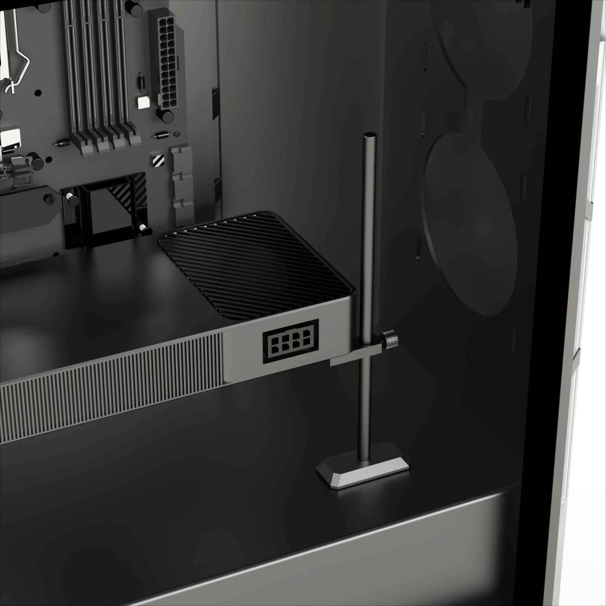 Im Inneren eines Computergehäuses. Eine Grafikkarte wird von einem Metallständer getragen. Hauptplatine und andere Komponenten sind sichtbar.