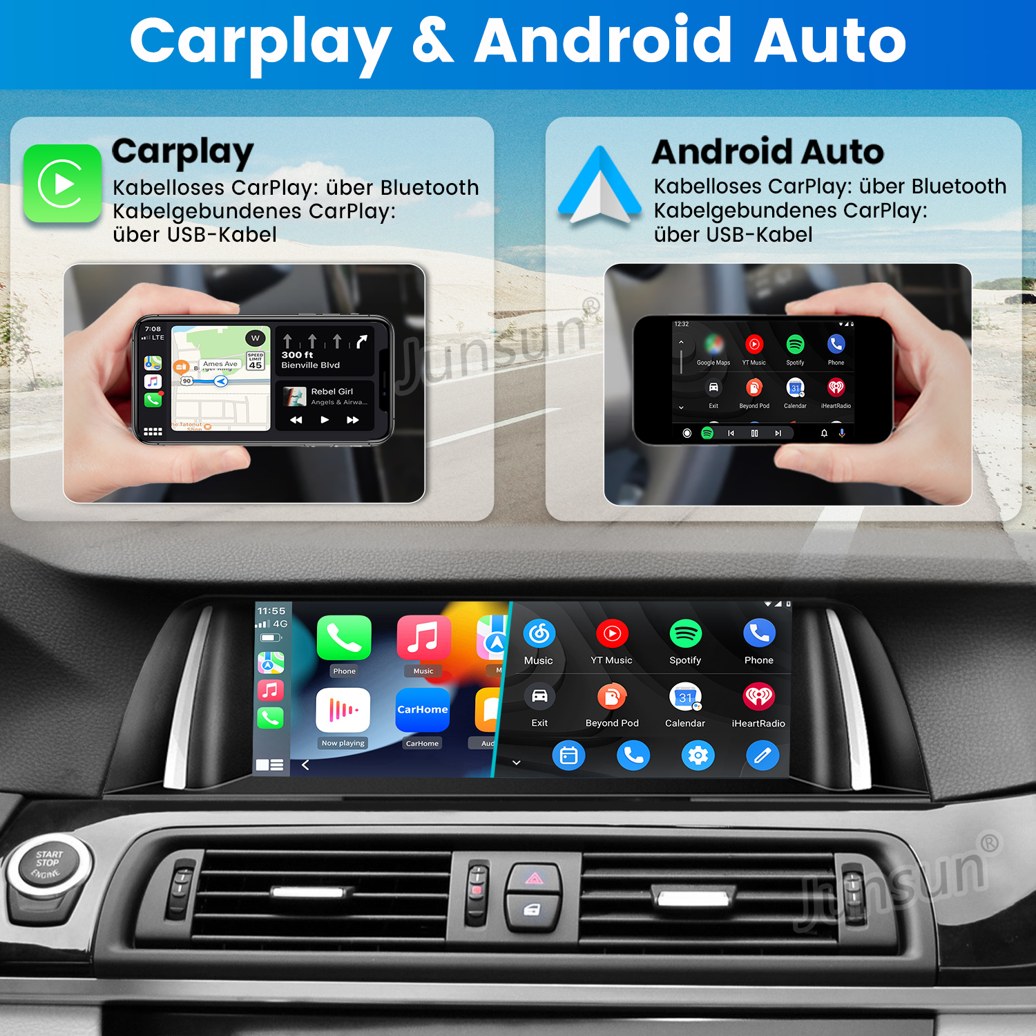 Das Bild zeigt das Infotainmentsystem eines Autos mit CarPlay- und Android Auto-Optionen auf Bildschirmen.