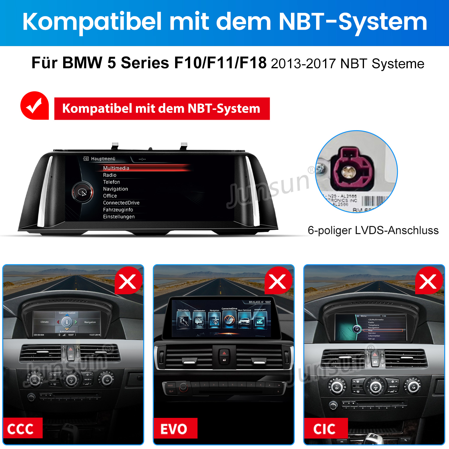 Das Bild zeigt ein Auto-Armaturenbrett mit Bildschirm und Bedienelementen. Der Text oben lautet 'Kompatibel mit dem NBT-System'.