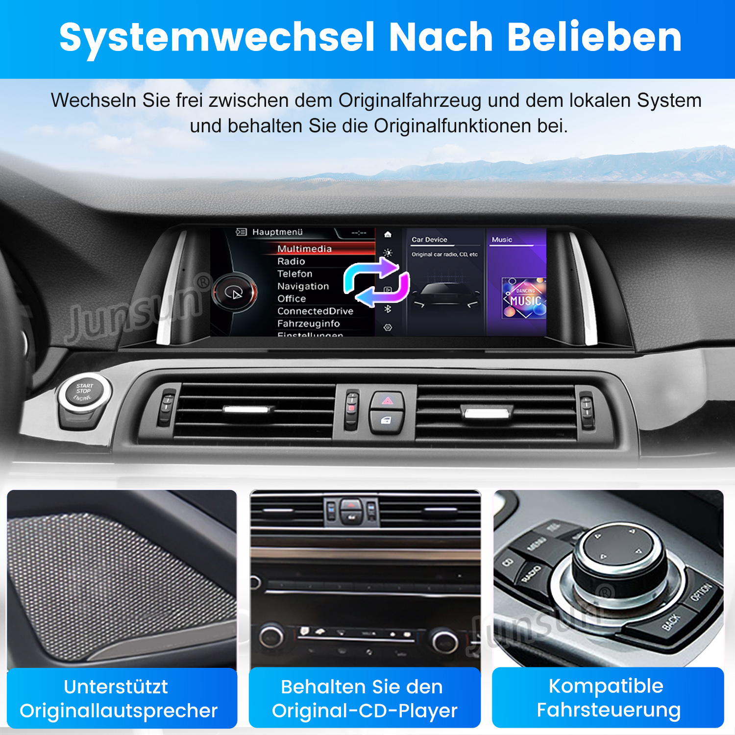 Armaturenbrett mit Bildschirm, der Multimedia-Optionen anzeigt. Unten werden Lautsprecher, CD-Player und Lenkradbedienelemente hervorgehoben.