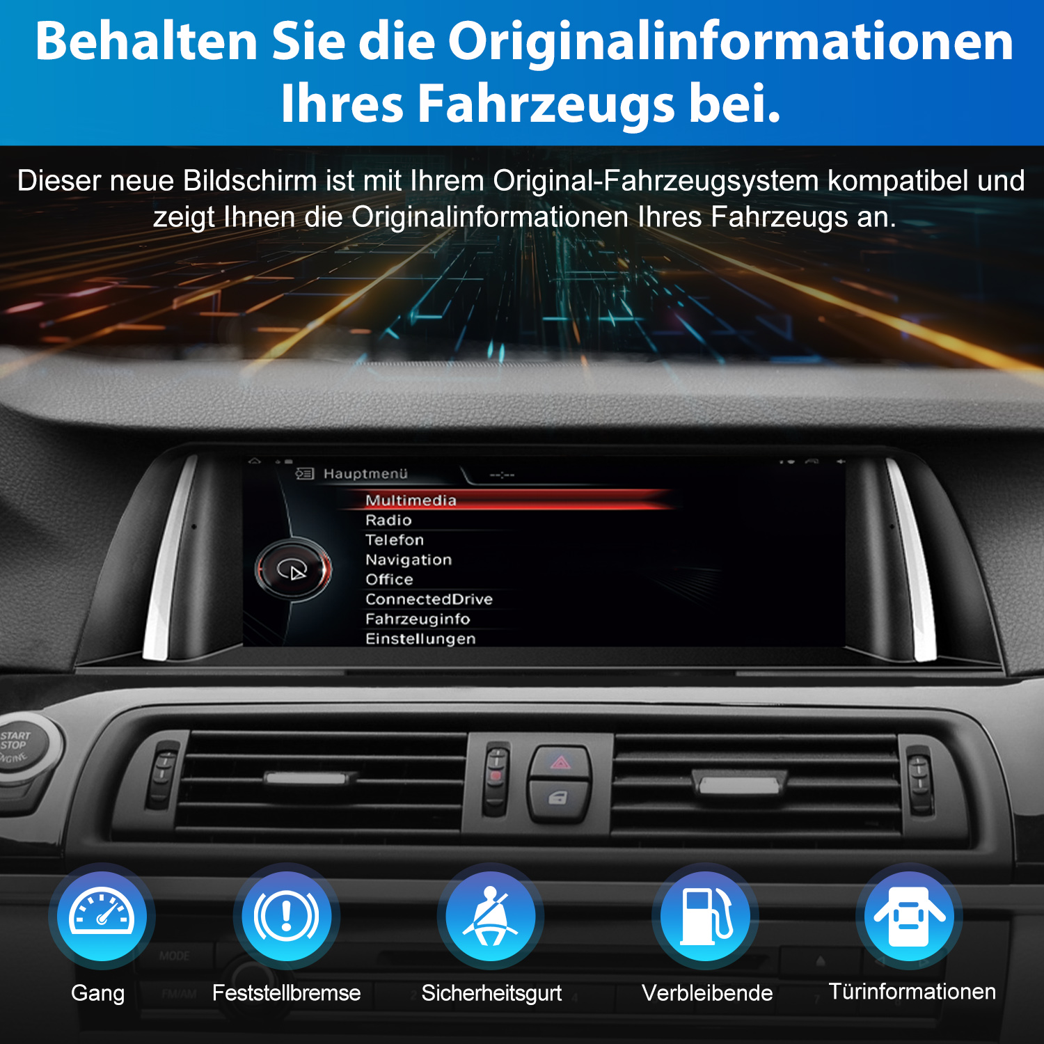 Autotafelbildschirm mit Menüoptionen. Enthält Tacho, Warnleuchten, Kraftstoff- und Türöffnungsanzeigen.