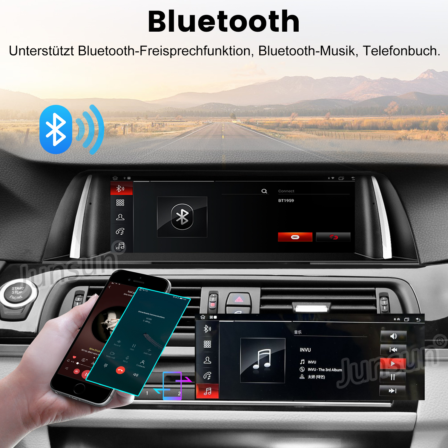 Autoradio-Bildschirm, der eine Bluetooth-Verbindung, ein Telefon mit einem Anruf und ein anderes Telefon mit Musikwiedergabe anzeigt.