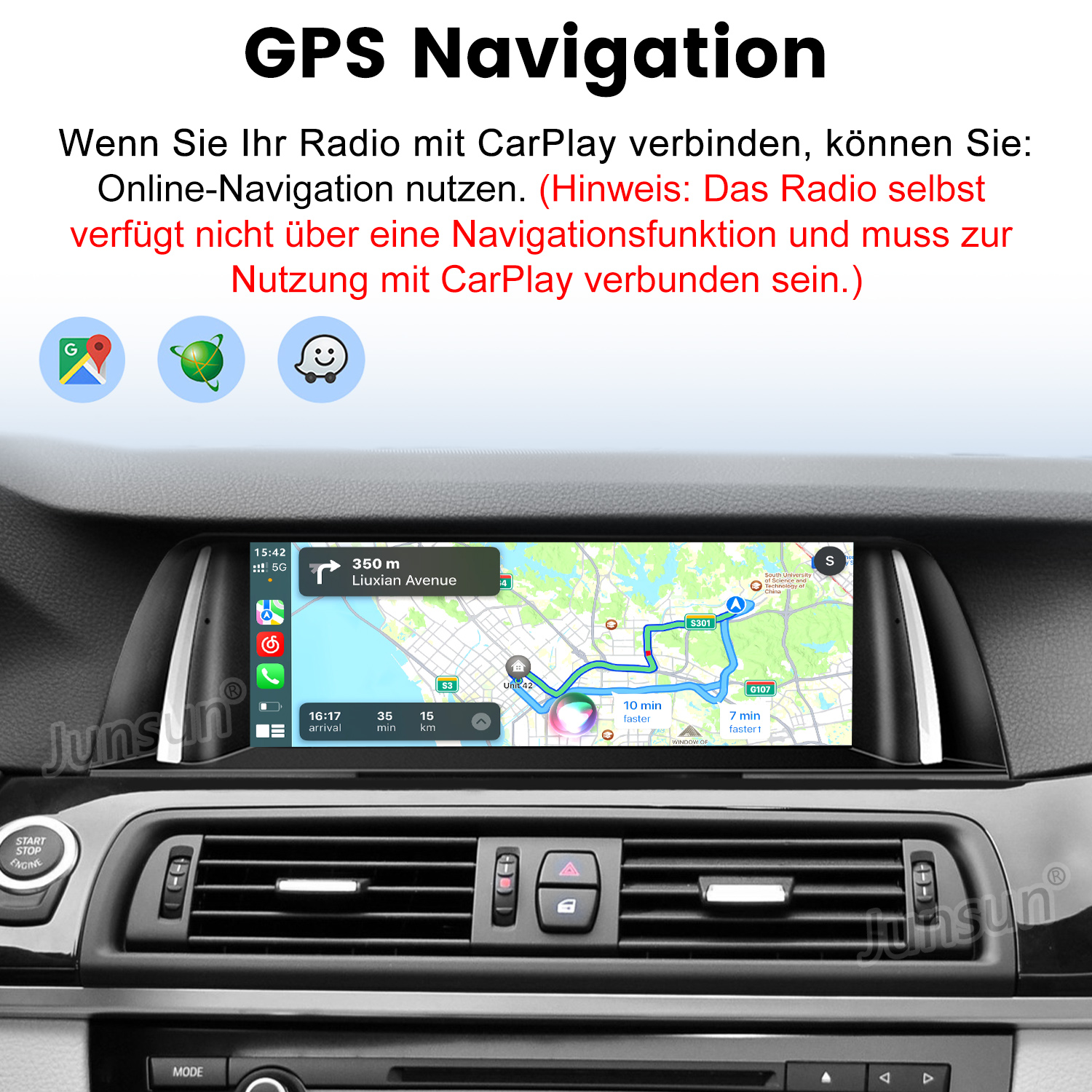 Armaturenbrett mit GPS-Navigation. Karte mit Routendetails. Text erklärt CarPlay-Navigation. App-Symbole sind vorhanden.