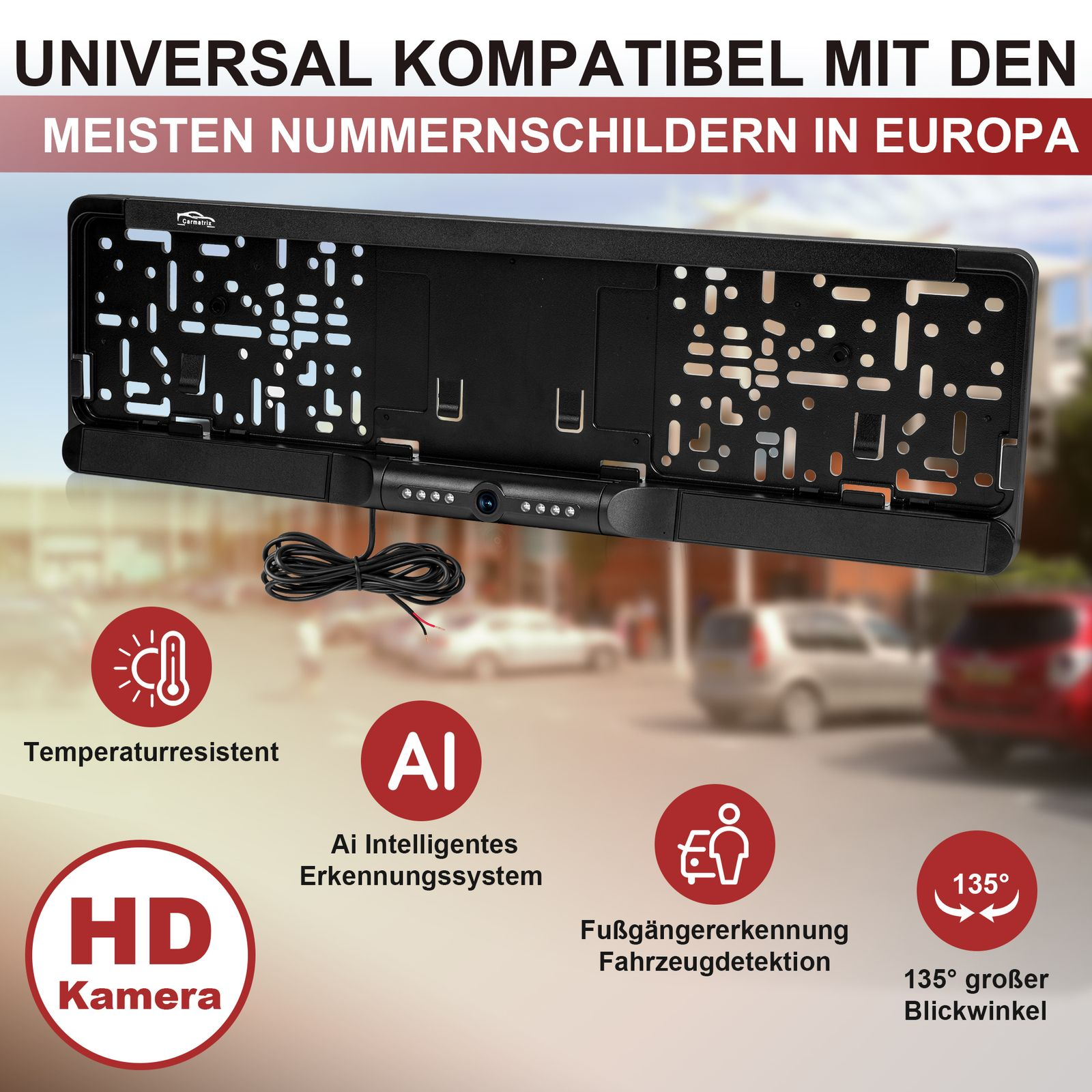 Schwarzer Kennzeichenrahmen mit Kamera, rote Kreissymbole. Enthält Text auf Deutsch. Autos im Hintergrund unscharf.