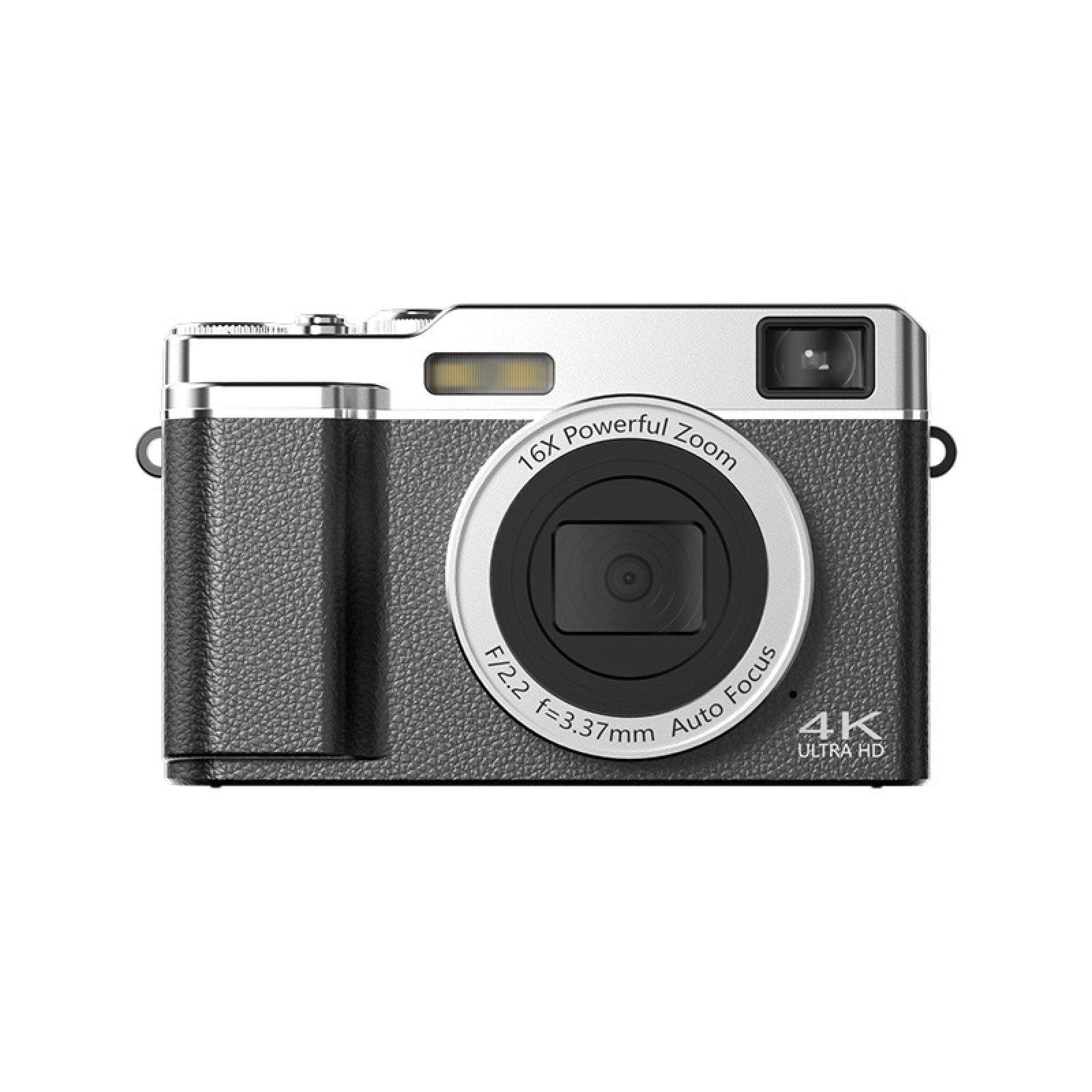 Eine silber-schwarze Digitalkamera mit Objektiv, Blitz und Knöpfen. Bietet 16x Zoom, Autofokus und 4K Ultra HD.
