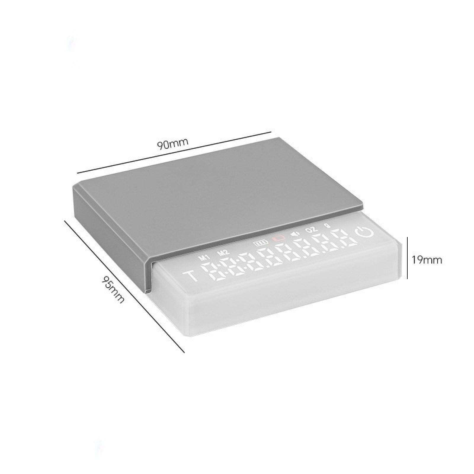 Eine graue digitale Küchenwaage mit eingebautem Display, das Zahlen anzeigt. Abmessungen sind markiert, darunter 90 mm, 95 mm und 19 mm.