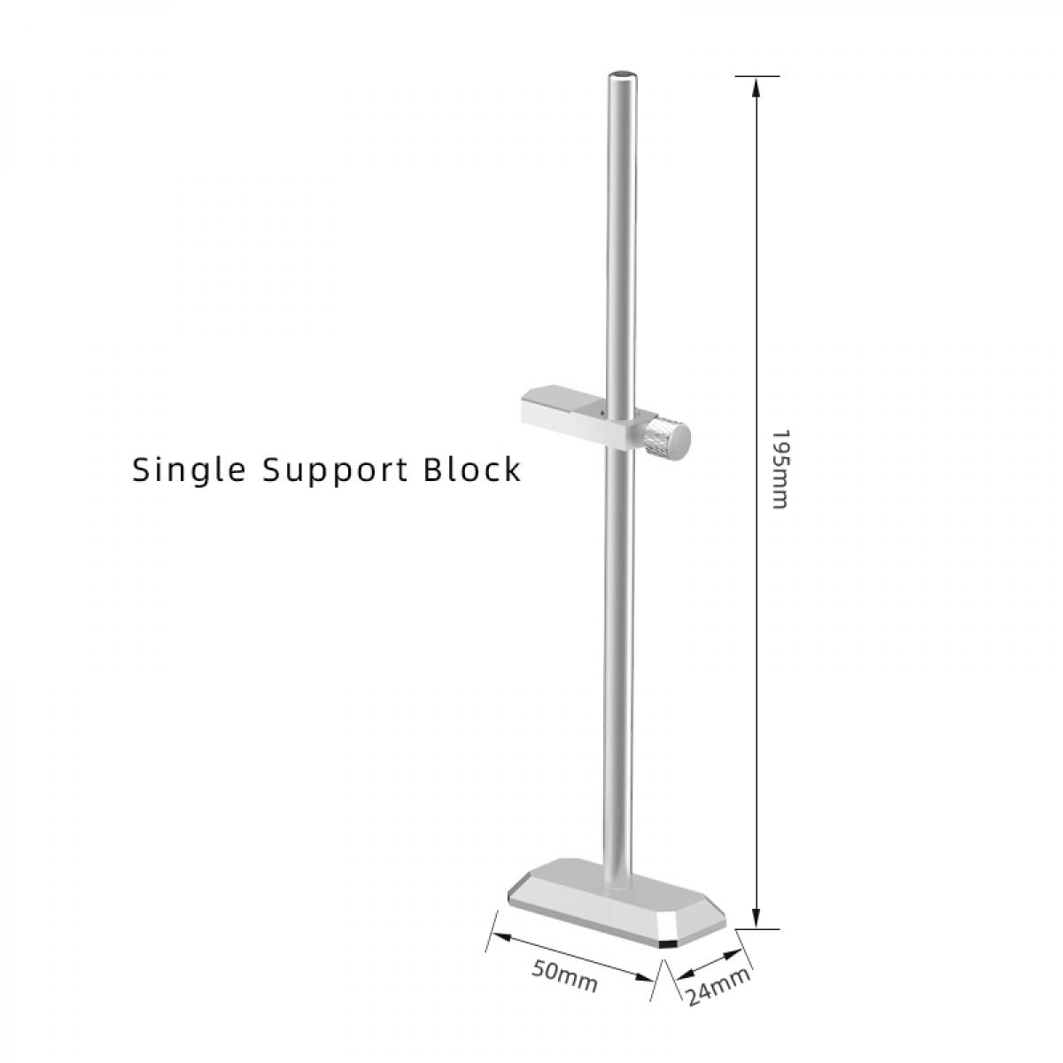 Ein einzelner Metall-Stützblock mit beschrifteten Abmessungen. Er hat eine vertikale Stange, einen horizontalen Arm und eine Basis. Text: 'Single Support Block'.