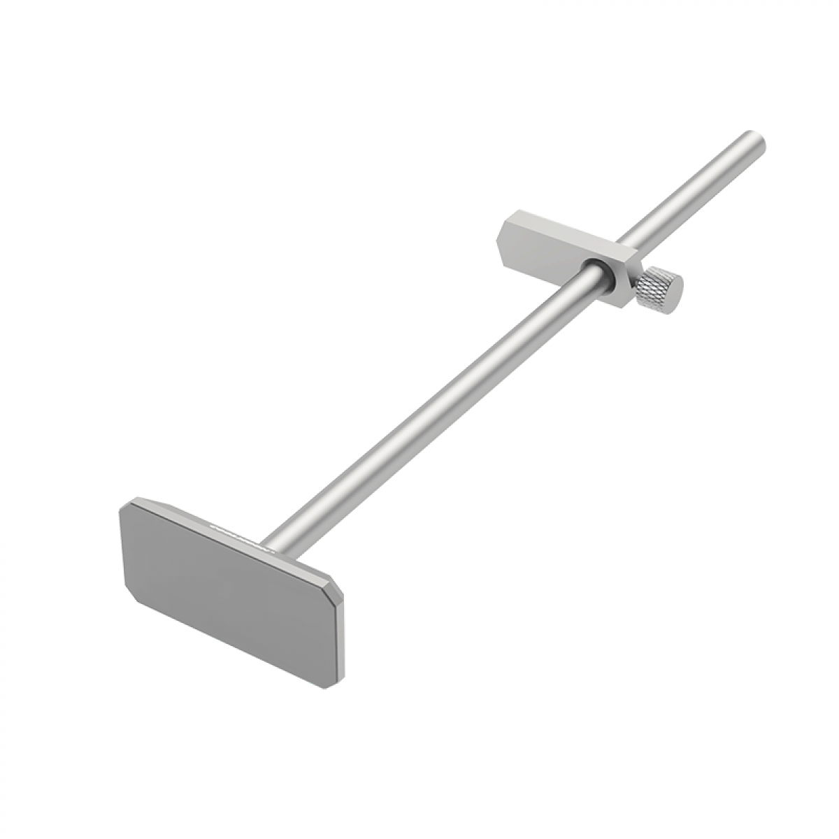 Ein metallisches Tiefenmesswerkzeug. Es hat eine rechteckige Basis und eine Stange mit einem Gleitelement. Eine Schraube ist zur Einstellung vorhanden.