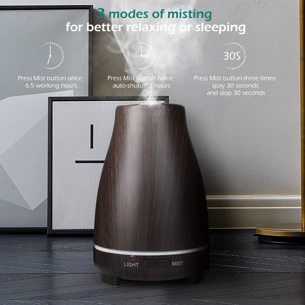 Ein brauner Diffusor für ätherische Öle mit drei Nebelmodi. Er zeigt Nebel, Text und zwei gerahmte Bilder im Hintergrund.