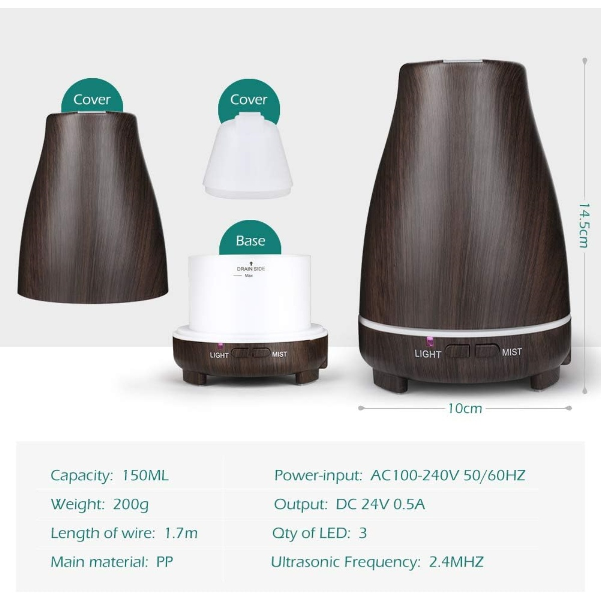 Ein Aromatherapie-Diffusor mit Holzoptik-Abdeckung, weißer Basis und beschrifteten Knöpfen. Spezifikationen umfassen Kapazität, Gewicht, Kabellänge und Leistung.