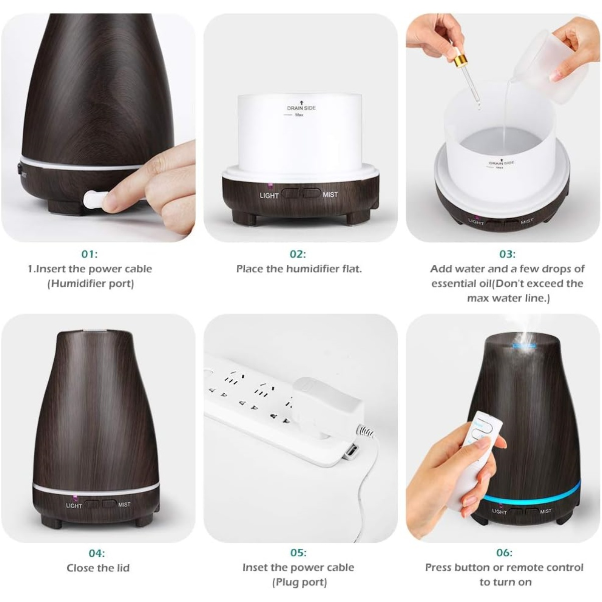 Schritte zur Verwendung eines Aroma-Diffusors: Kabel einstecken, Wasser und Öl hinzufügen, Deckel schließen und mit Taste oder Fernbedienung einschalten.