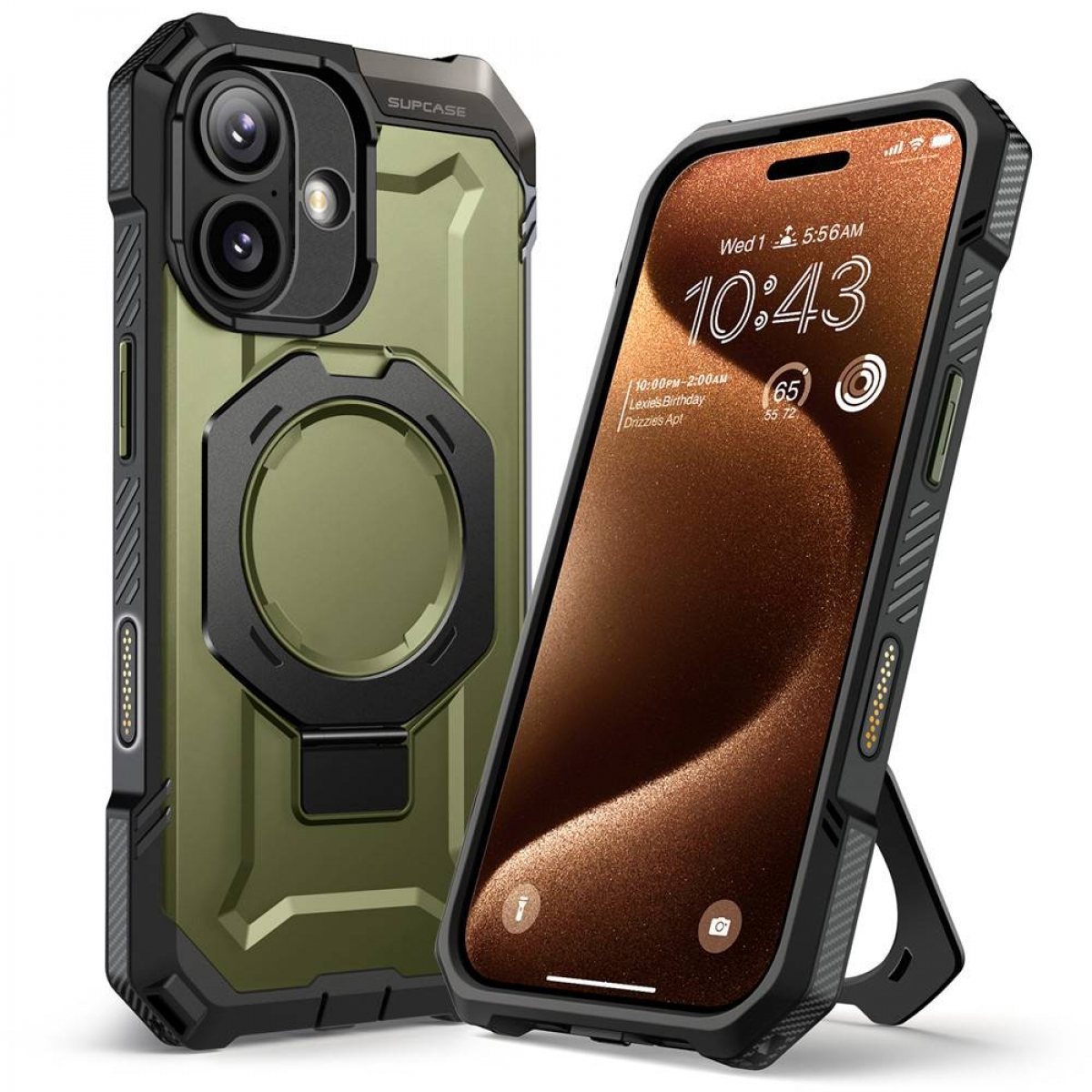 Due smartphone in custodie protettive. Uno è verde oliva, l'altro mostra uno schermo. Entrambe le custodie hanno un supporto.