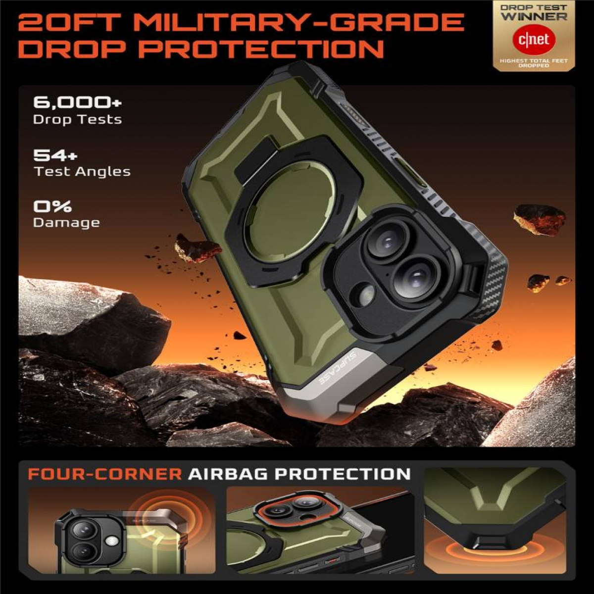 Una custodia per telefono con protezione anticaduta di grado militare. L'immagine mostra una custodia dal design robusto su uno sfondo di rocce.